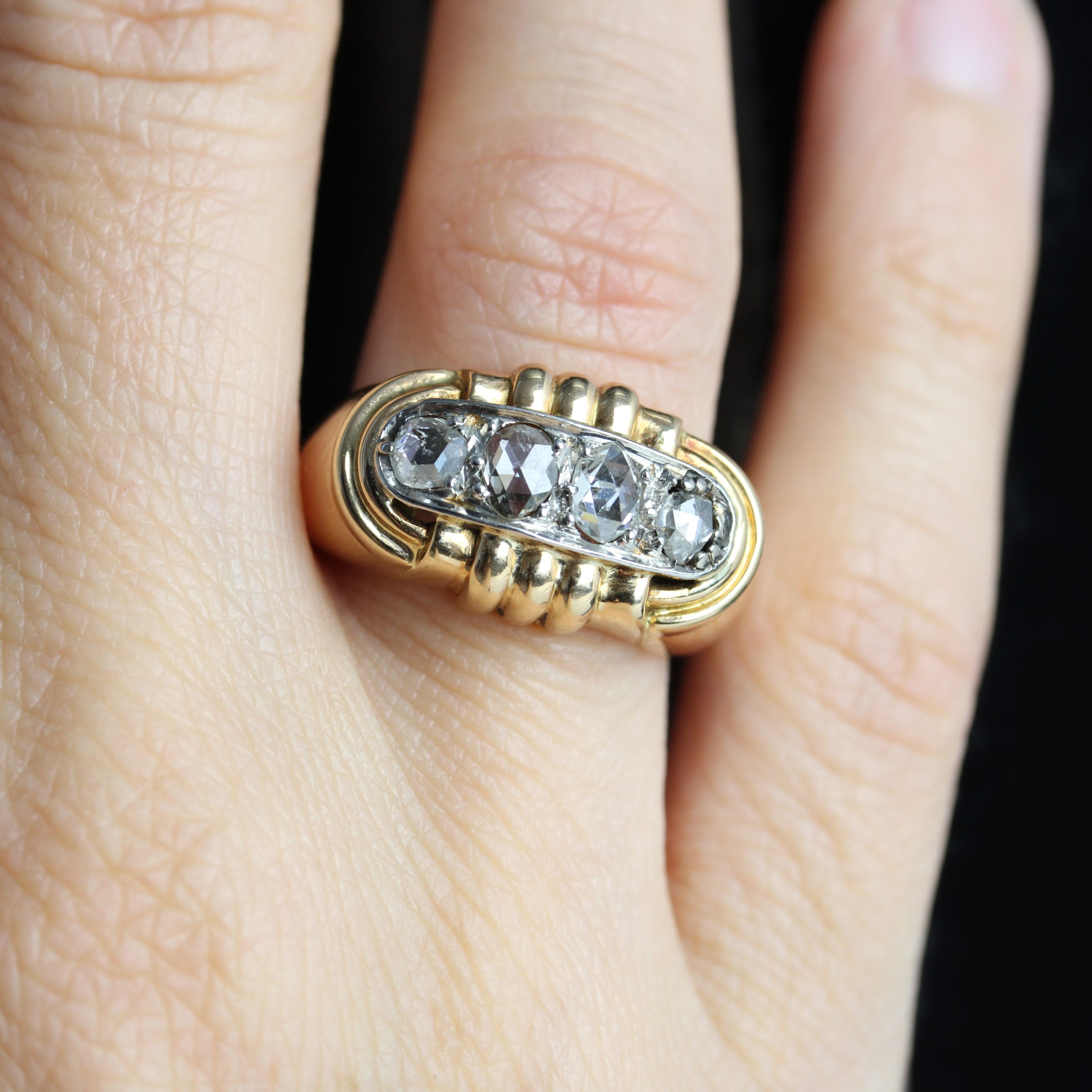 Bague débardeur française des années 1940 en or jaune 18 carats et diamants taille rose Pour femmes en vente