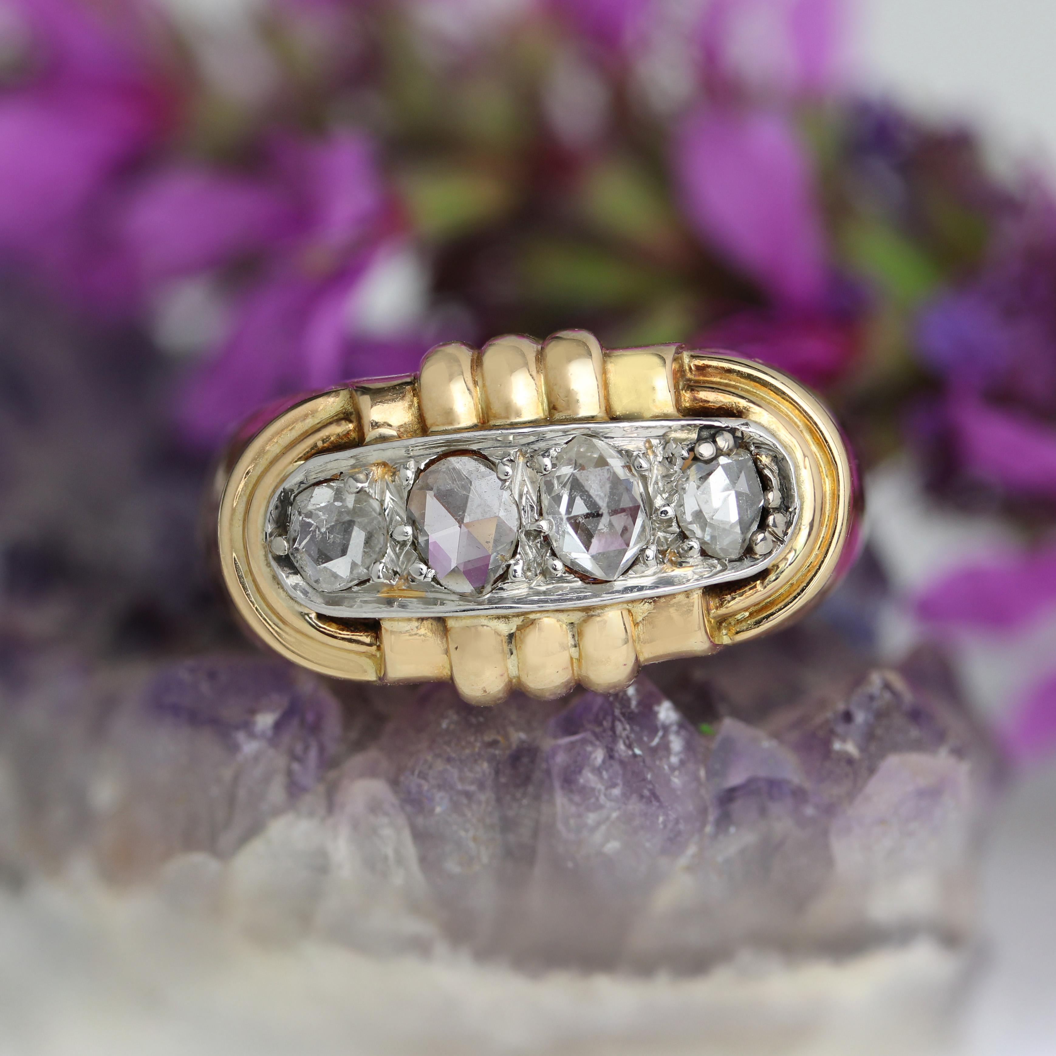 Rétro Bague débardeur française des années 1940 en or jaune 18 carats et diamants taille rose en vente