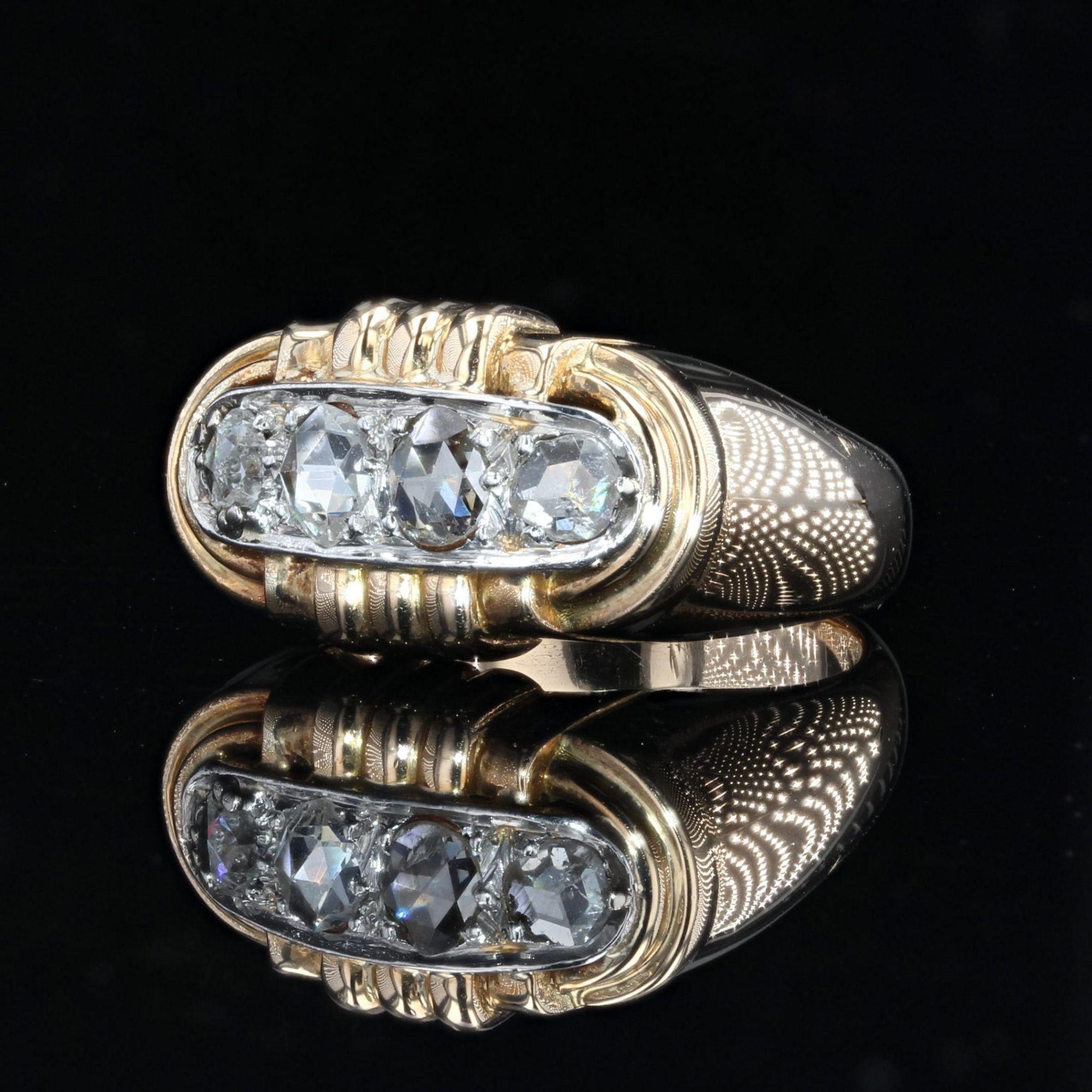 Retro French 1940s Rose-Cut Diamonds 18 Karat Yellow Gold Tank Ring For Sale