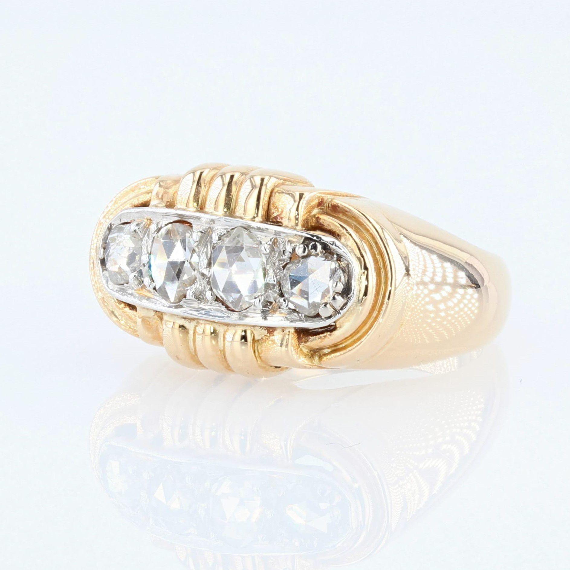 French 1940s Rose-Cut Diamonds 18 Karat Yellow Gold Tank Ring In Good Condition For Sale In Poitiers, FR