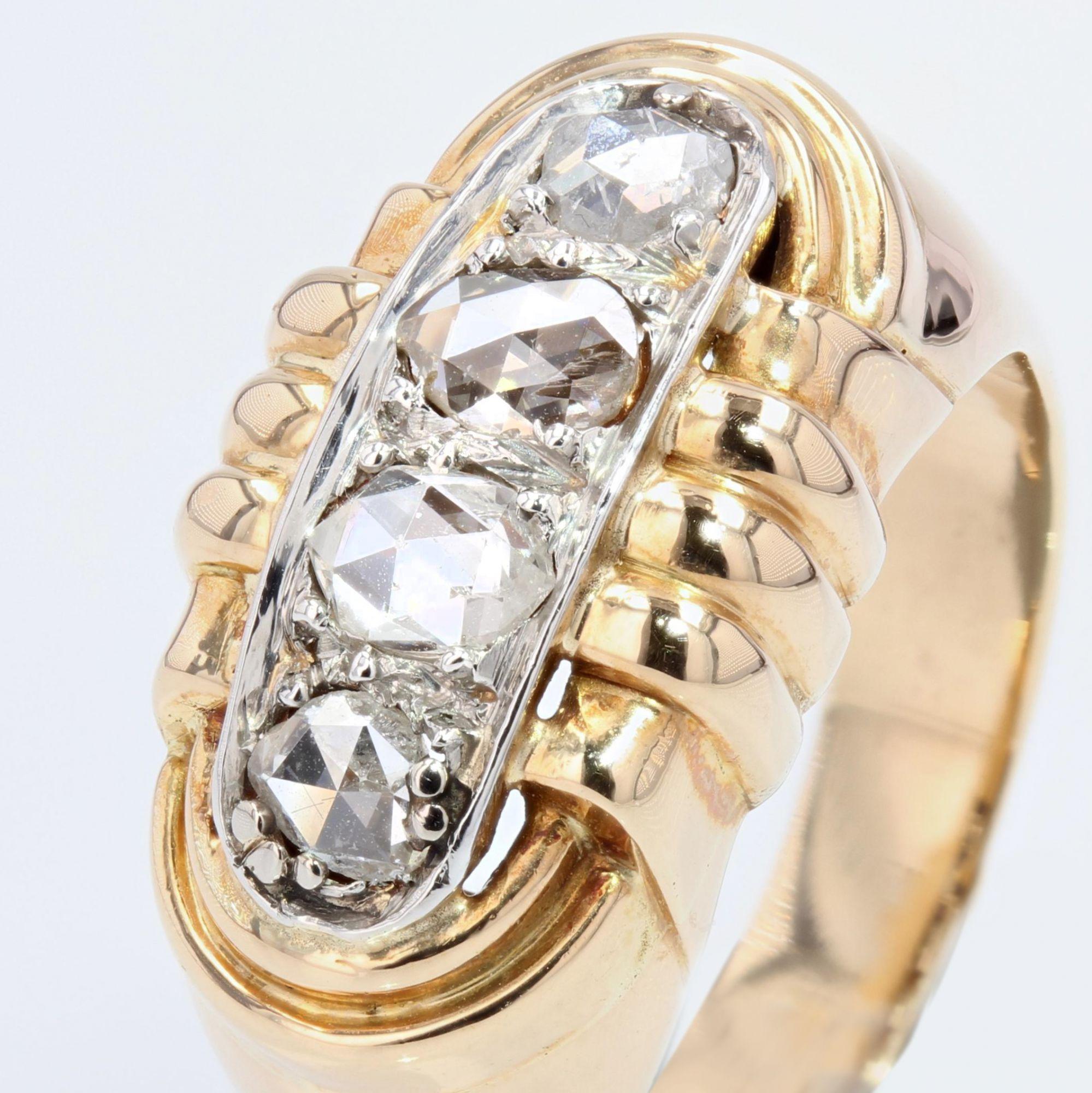 Women's French 1940s Rose-Cut Diamonds 18 Karat Yellow Gold Tank Ring For Sale
