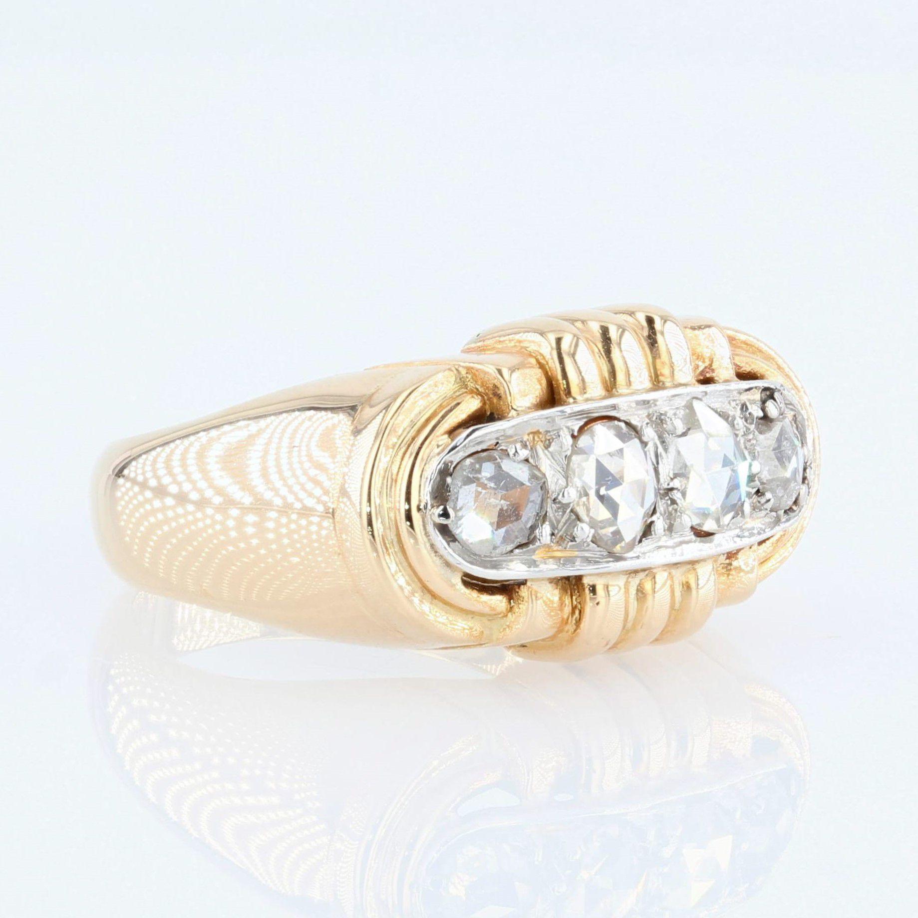 French 1940s Rose-Cut Diamonds 18 Karat Yellow Gold Tank Ring For Sale 2