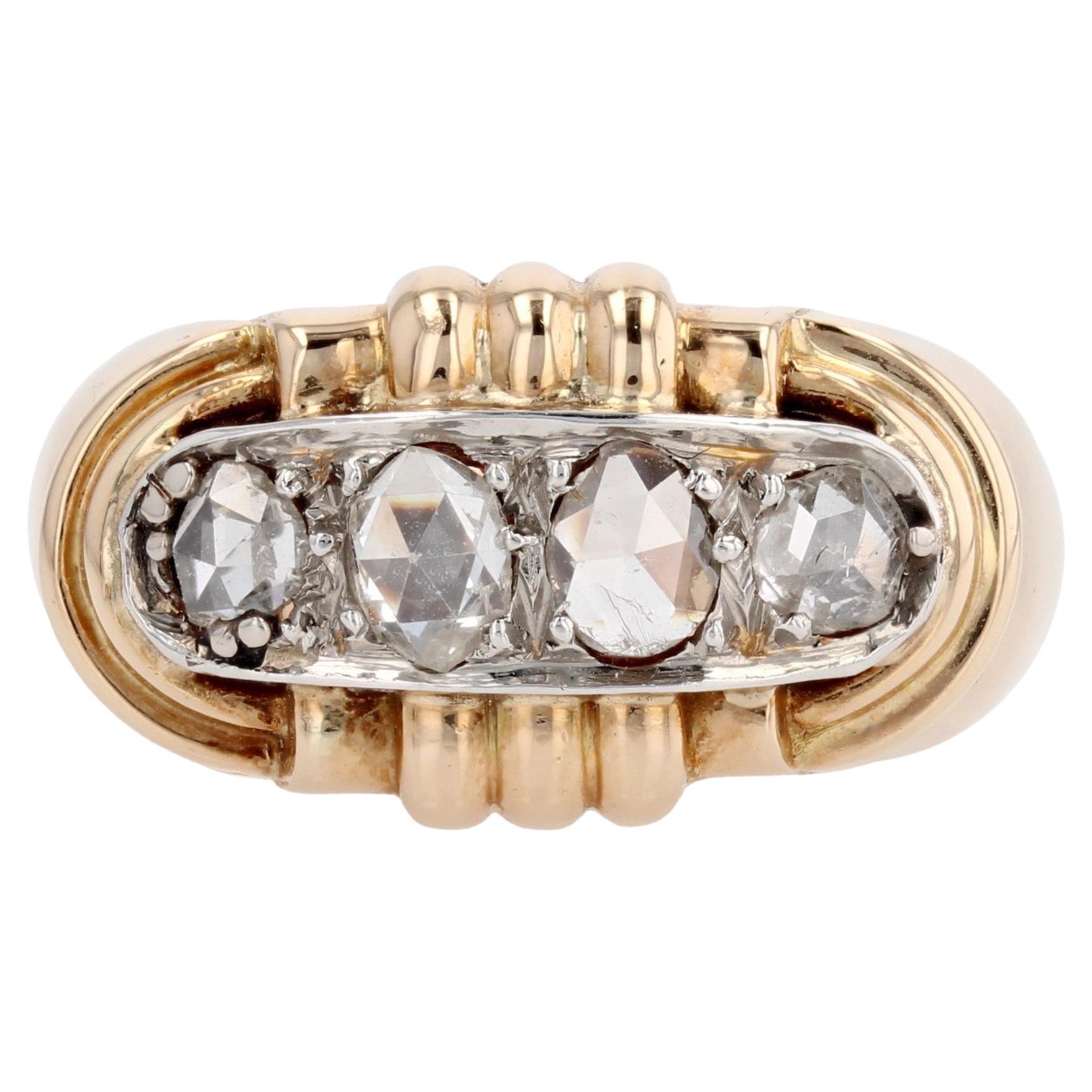 French 1940s Rose-Cut Diamonds 18 Karat Yellow Gold Tank Ring For Sale