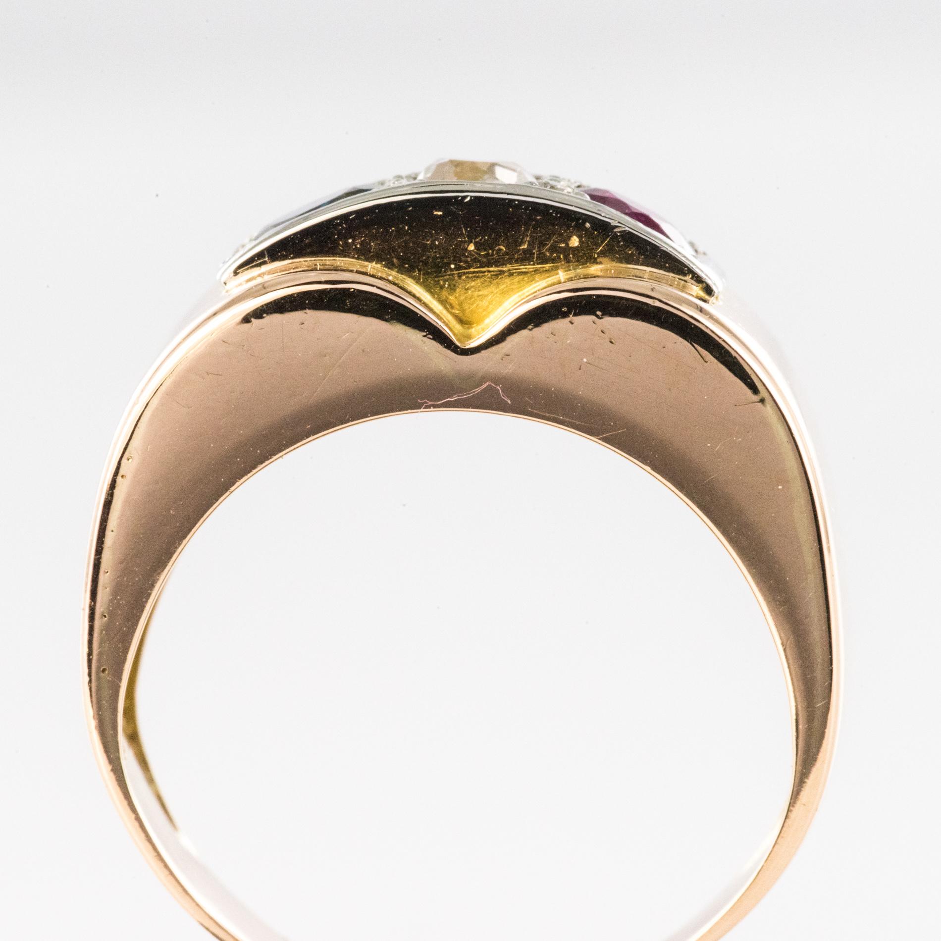 French 1940s Ruby Diamond Sapphire 18 Karat Yellow Gold Patriotic Tank Ring For Sale 9