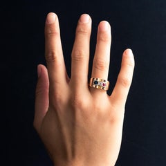 French 1940s Ruby Diamond Sapphire 18 Karat Yellow Gold Patriotic Tank Ring