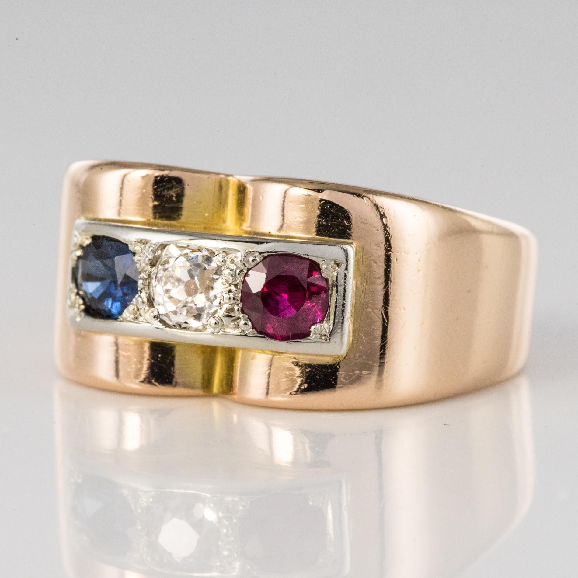 French Cut French 1940s Ruby Diamond Sapphire 18 Karat Yellow Gold Patriotic Tank Ring For Sale