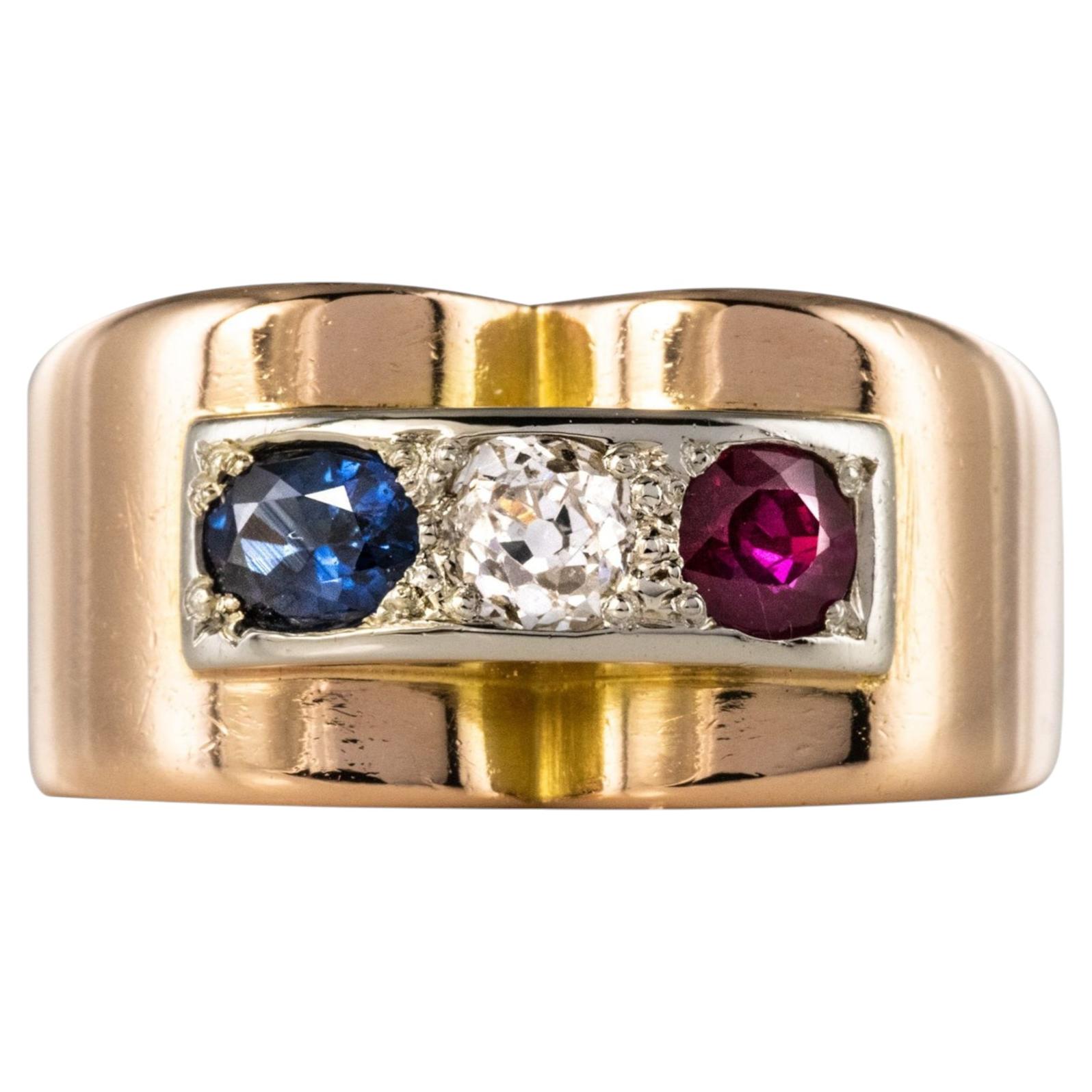French 1940s Ruby Diamond Sapphire 18 Karat Yellow Gold Patriotic Tank Ring