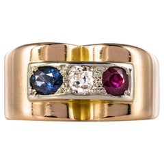 French 1940s Ruby Diamond Sapphire 18 Karat Yellow Gold Patriotic Tank Ring