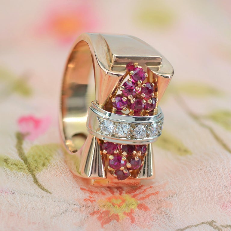 French 1940s Ruby Diamonds 18 Karat Rose Gold Platinum Tank Ring For ...