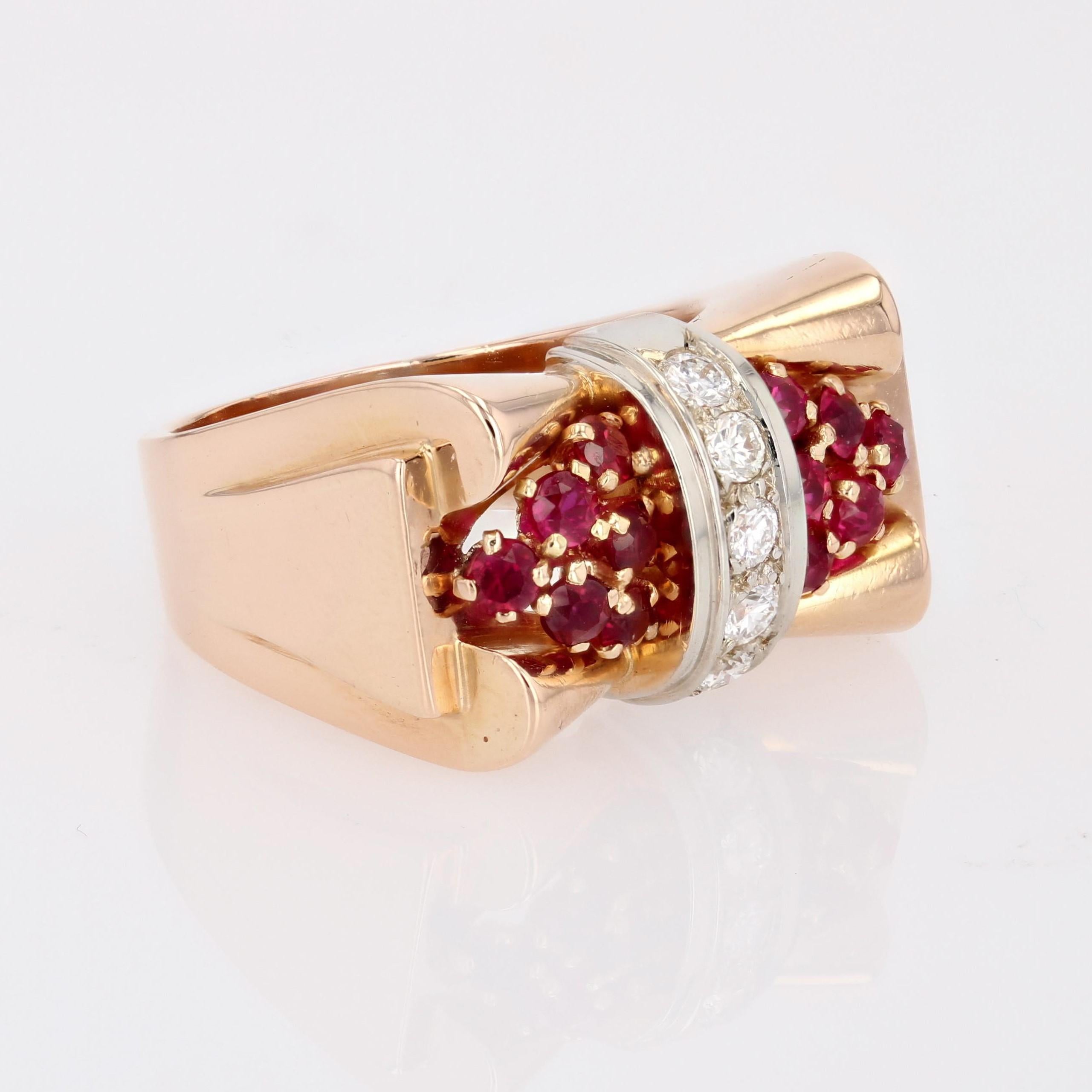 French 1940s Ruby Diamonds 18 Karat Rose Gold Platinum Tank Ring For Sale 5