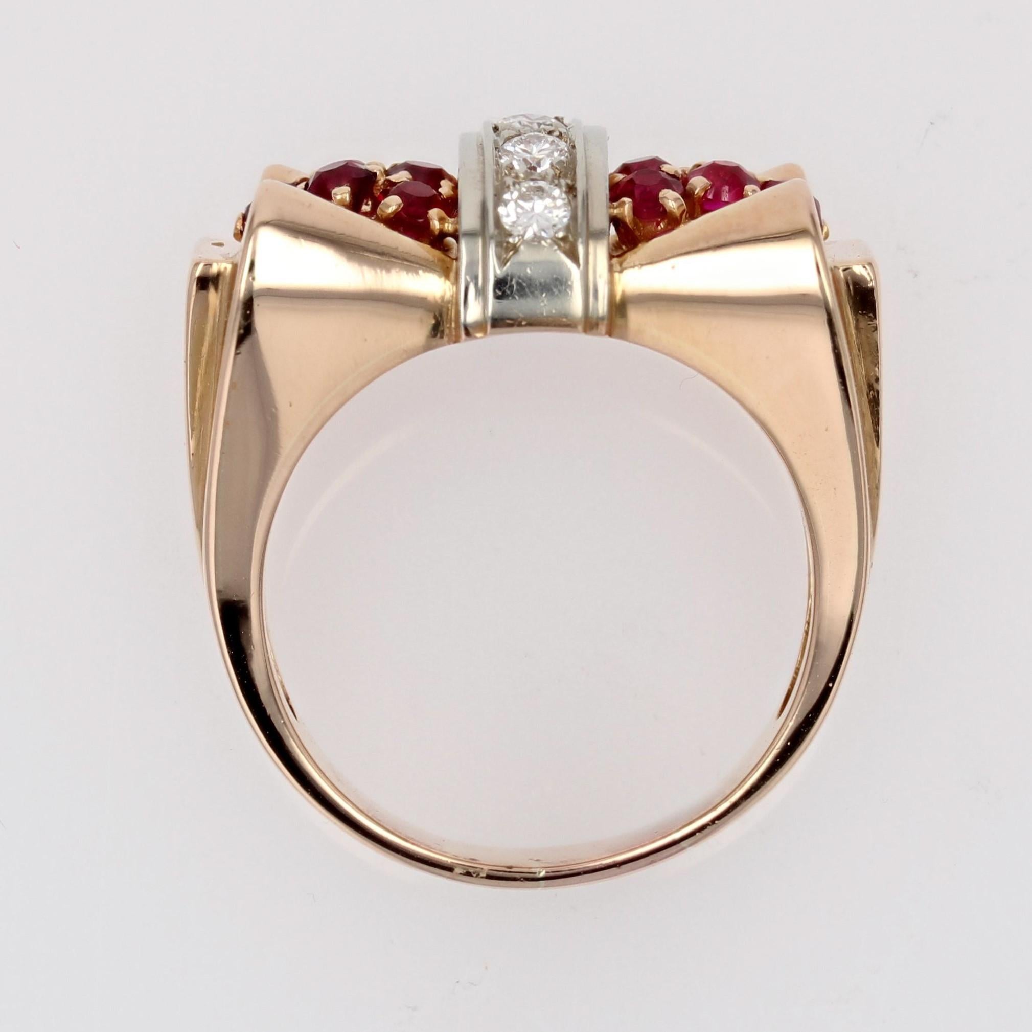 French 1940s Ruby Diamonds 18 Karat Rose Gold Platinum Tank Ring For Sale 8