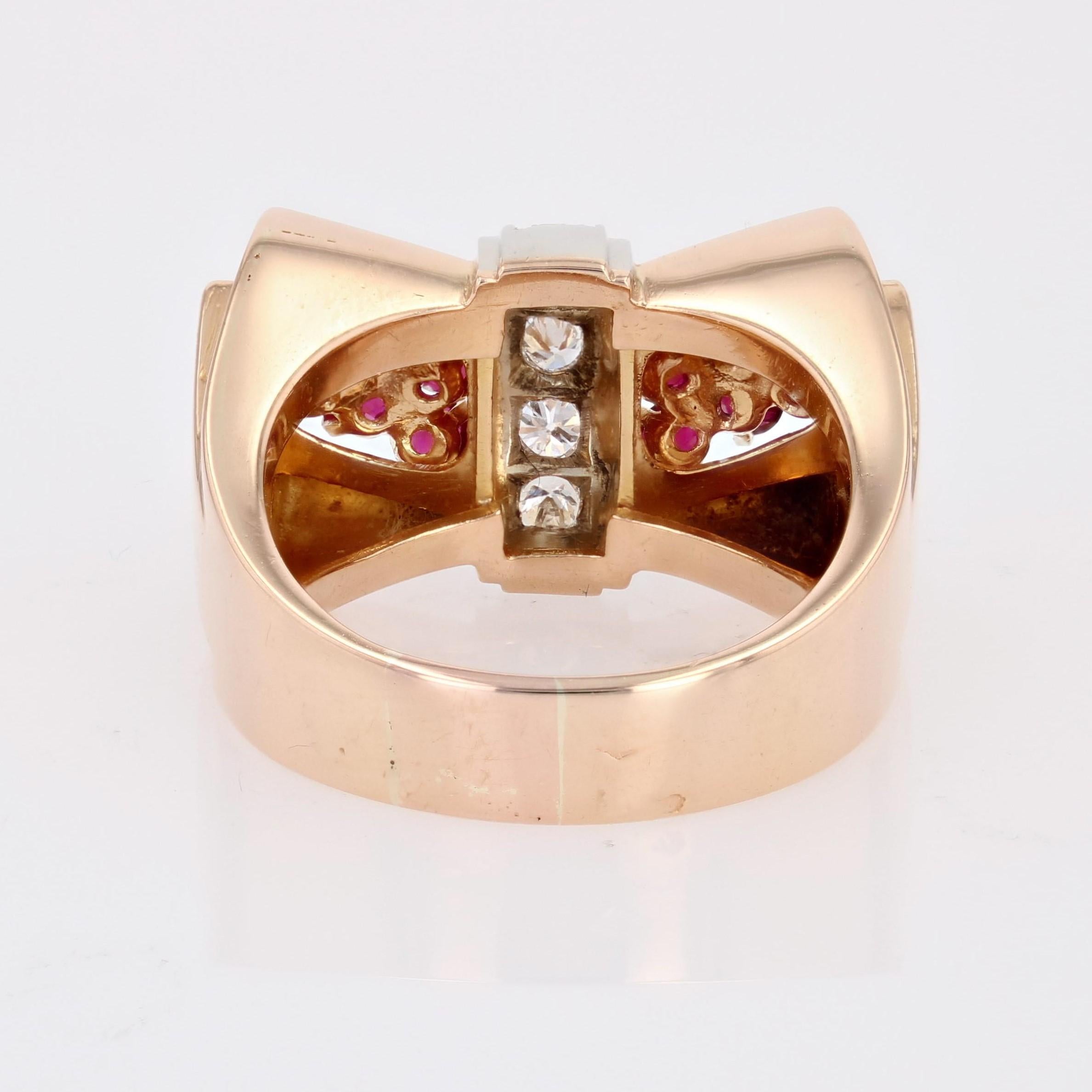 French 1940s Ruby Diamonds 18 Karat Rose Gold Platinum Tank Ring For Sale 9