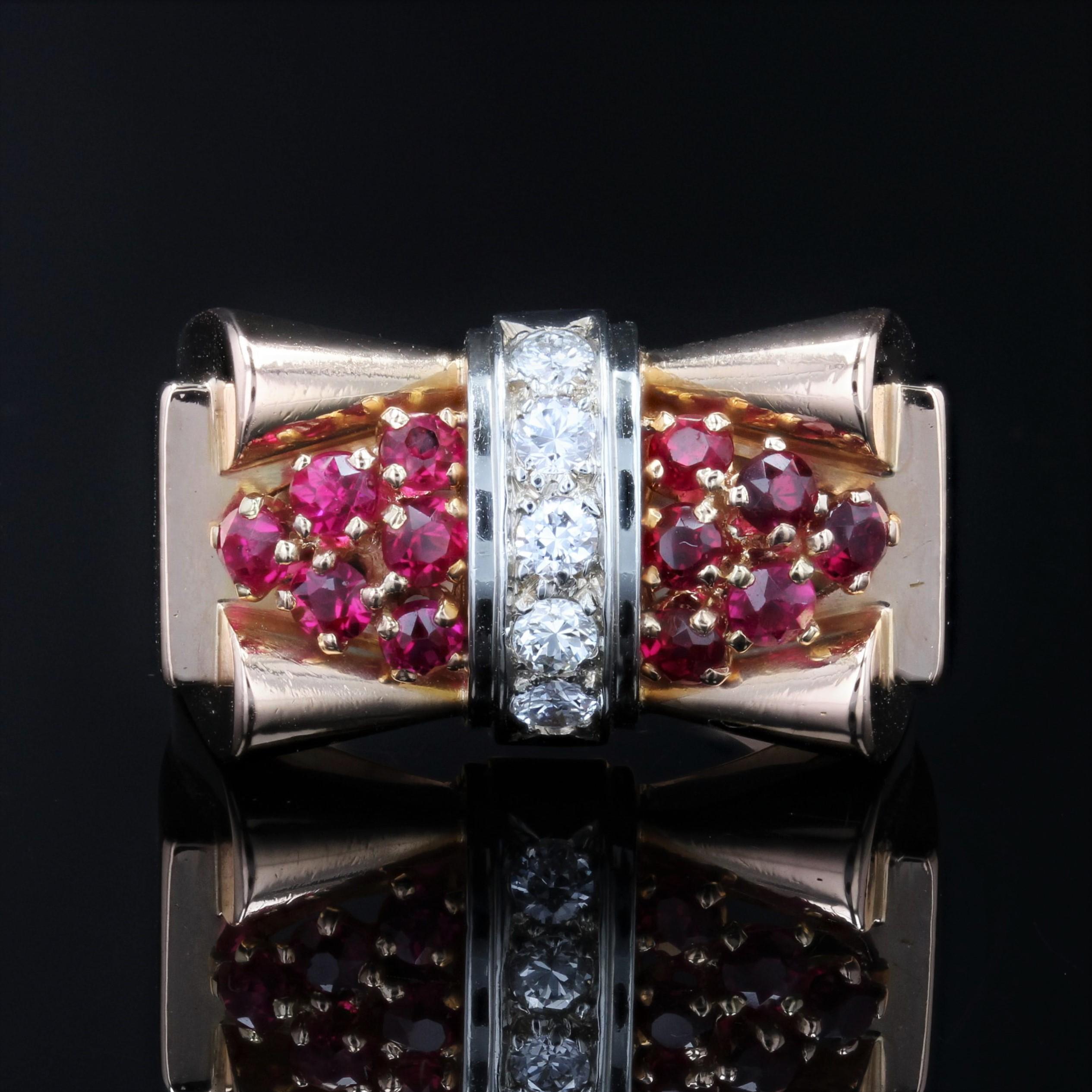 French 1940s Ruby Diamonds 18 Karat Rose Gold Platinum Tank Ring In Good Condition For Sale In Poitiers, FR