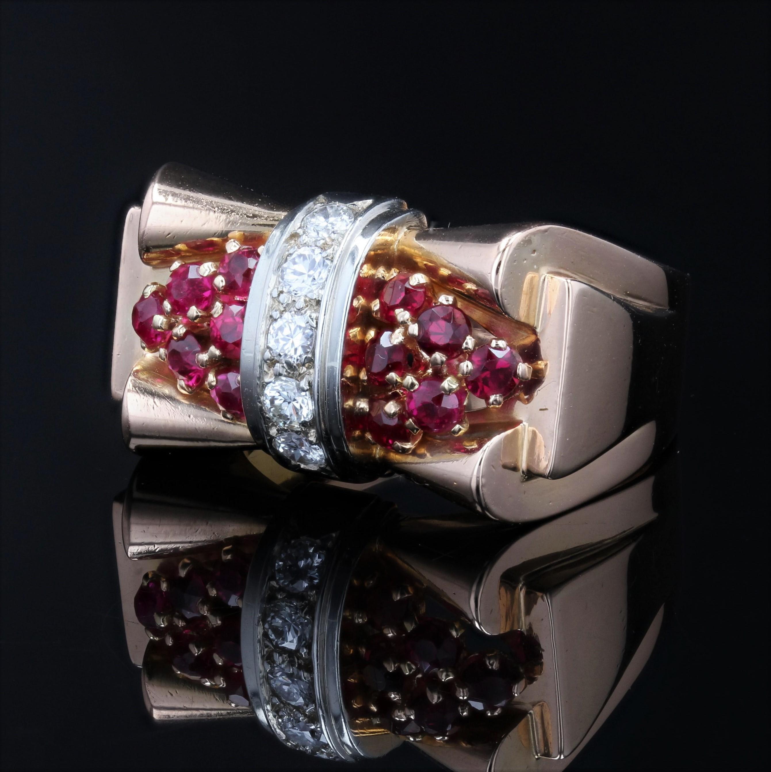 French 1940s Ruby Diamonds 18 Karat Rose Gold Platinum Tank Ring For Sale 1