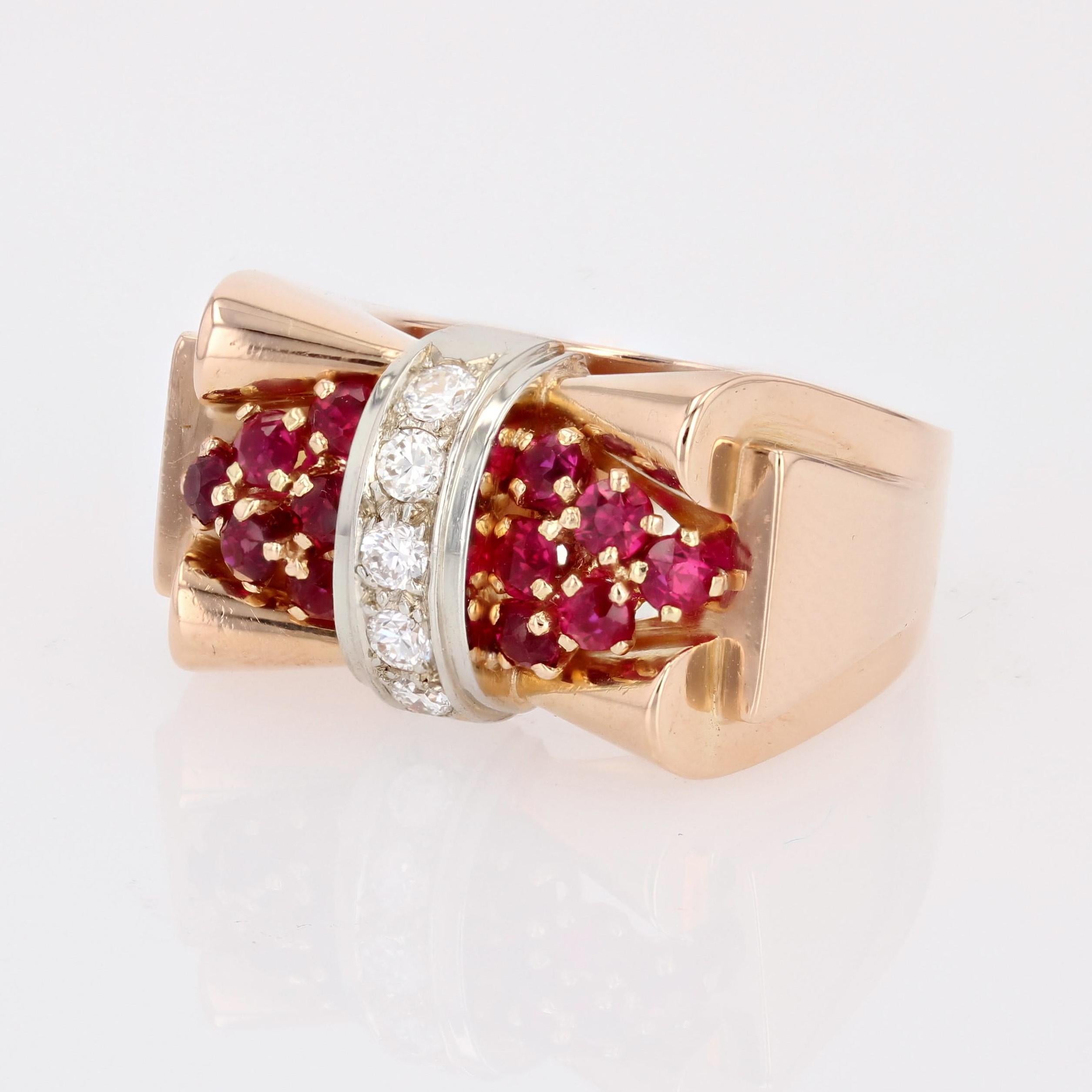 French 1940s Ruby Diamonds 18 Karat Rose Gold Platinum Tank Ring For Sale 2