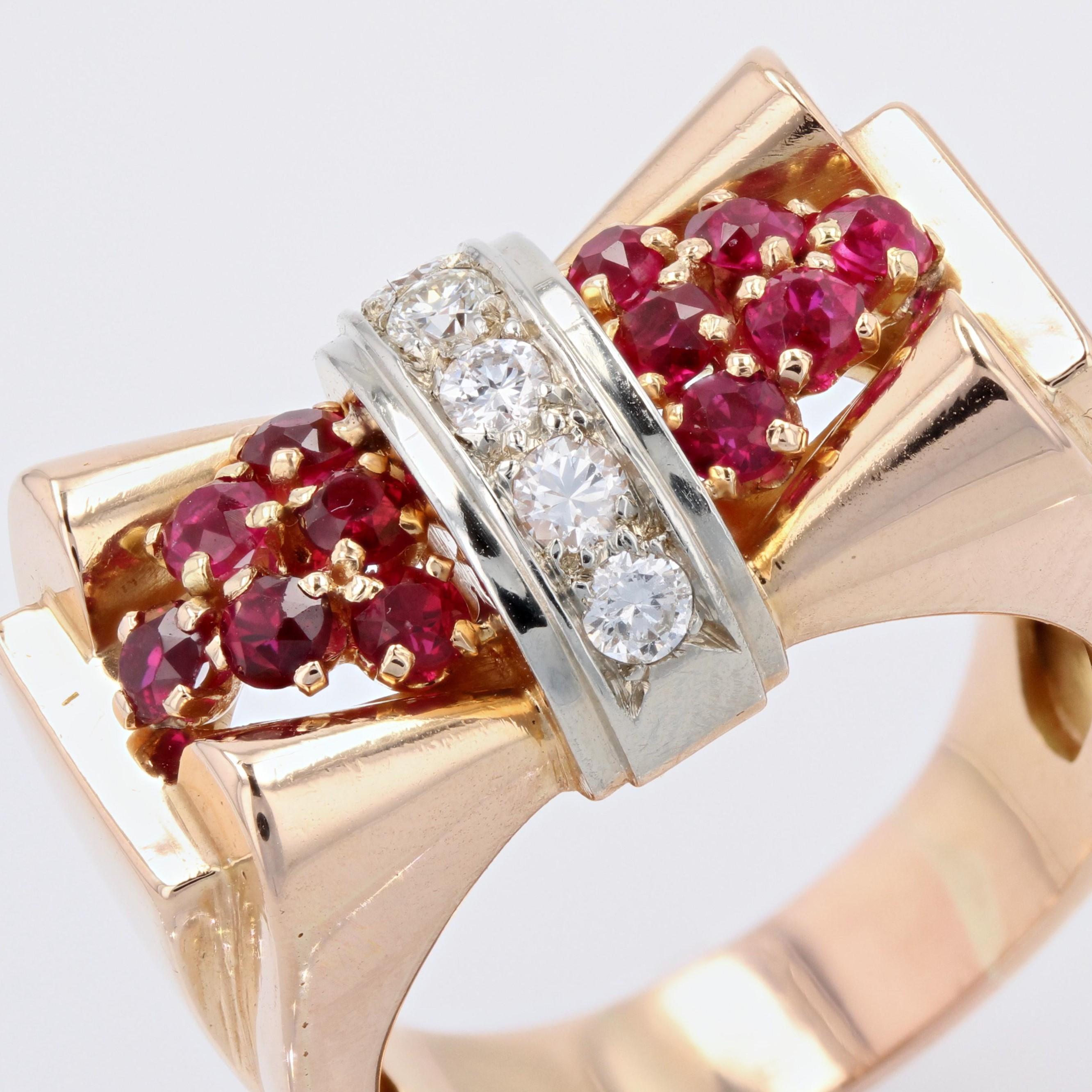 French 1940s Ruby Diamonds 18 Karat Rose Gold Platinum Tank Ring For Sale 3