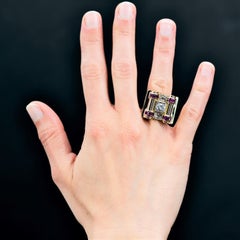 French, 1940s, Ruby Diamonds 18 Karat Yellow Gold Geometric Tank Ring
