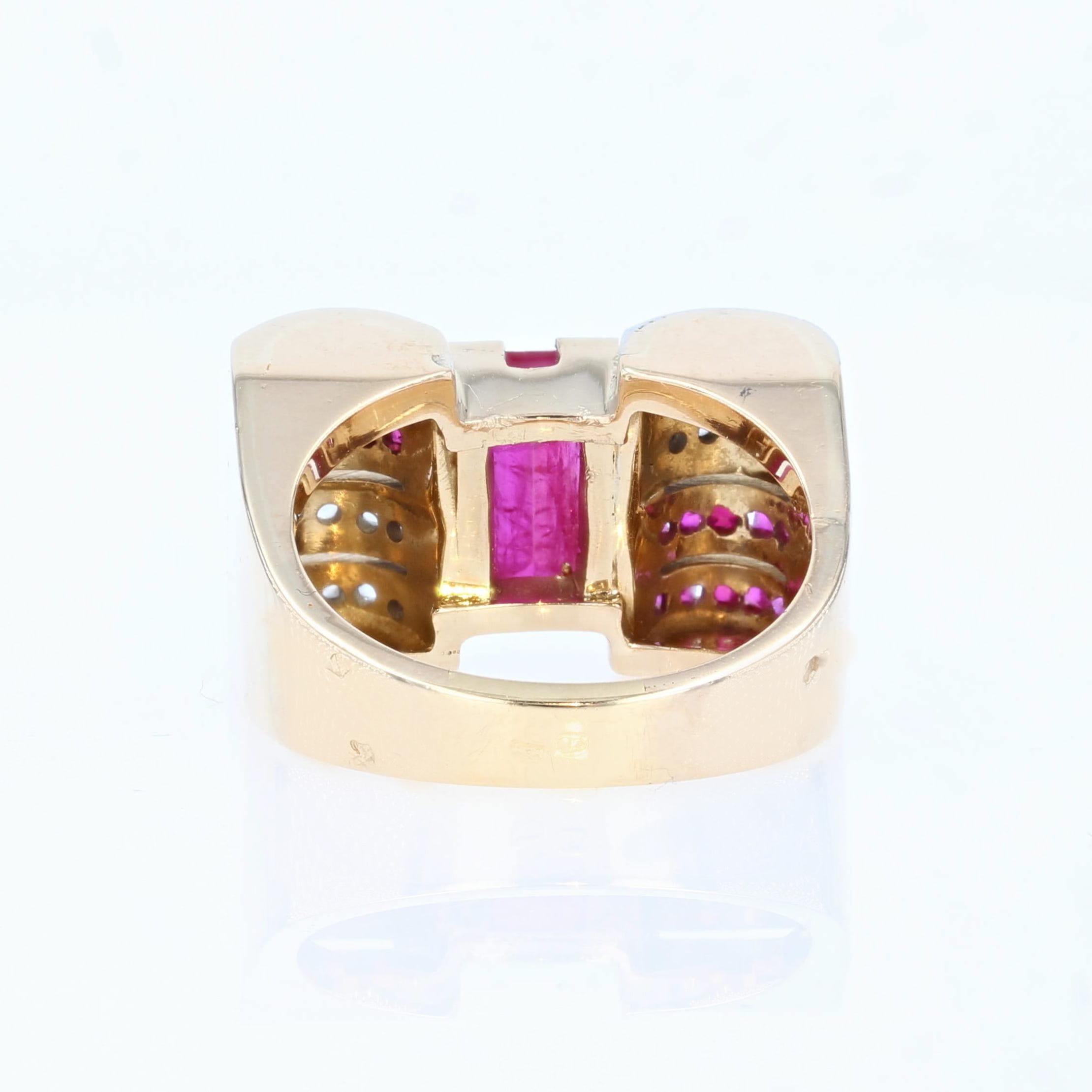 French 1940s Ruby Diamonds 18 Karat Yellow Gold Tank Ring For Sale 6