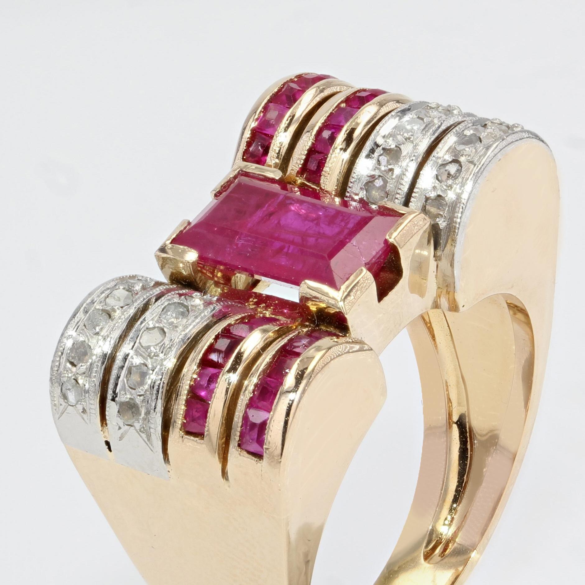 Emerald Cut French 1940s Ruby Diamonds 18 Karat Yellow Gold Tank Ring For Sale