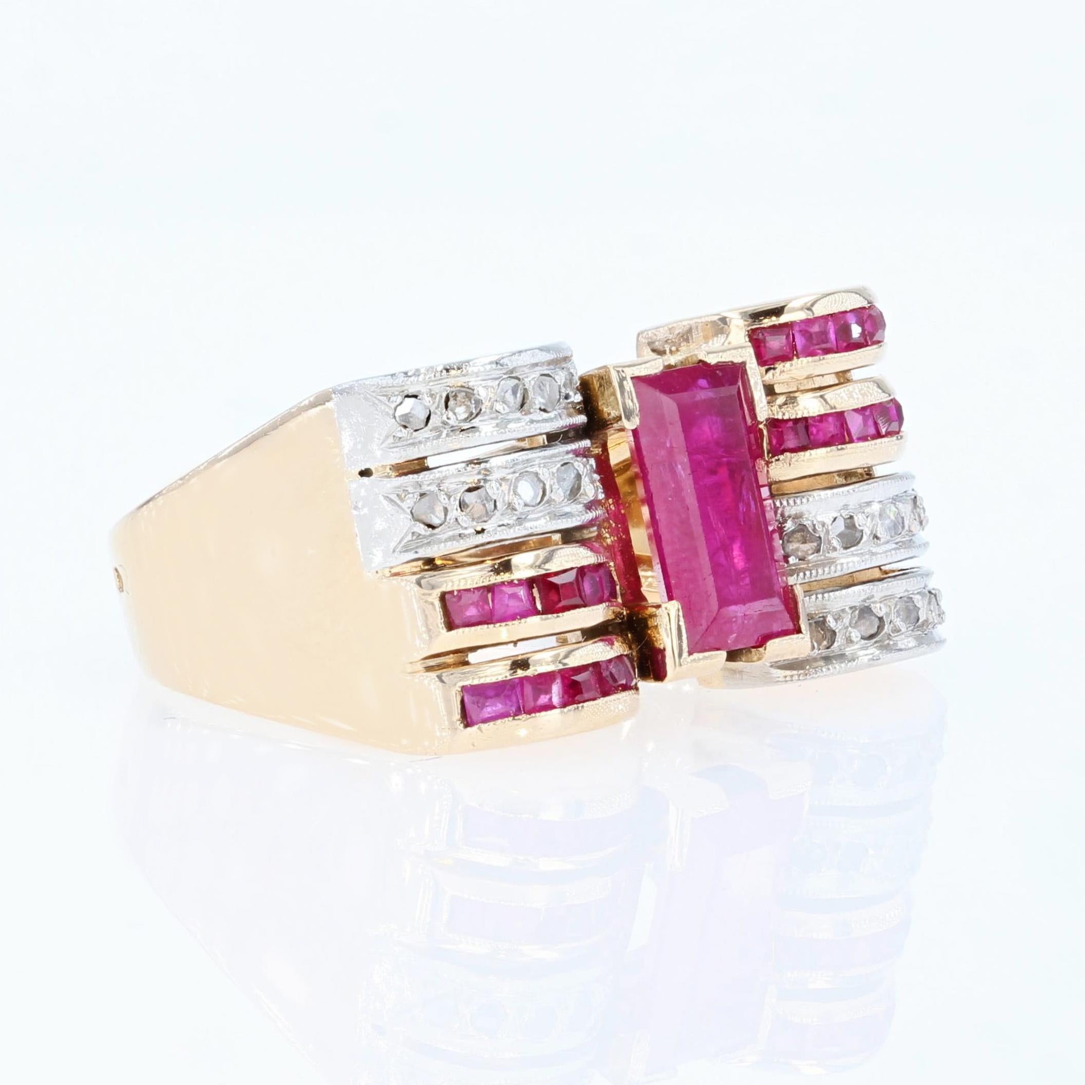 Women's French 1940s Ruby Diamonds 18 Karat Yellow Gold Tank Ring For Sale