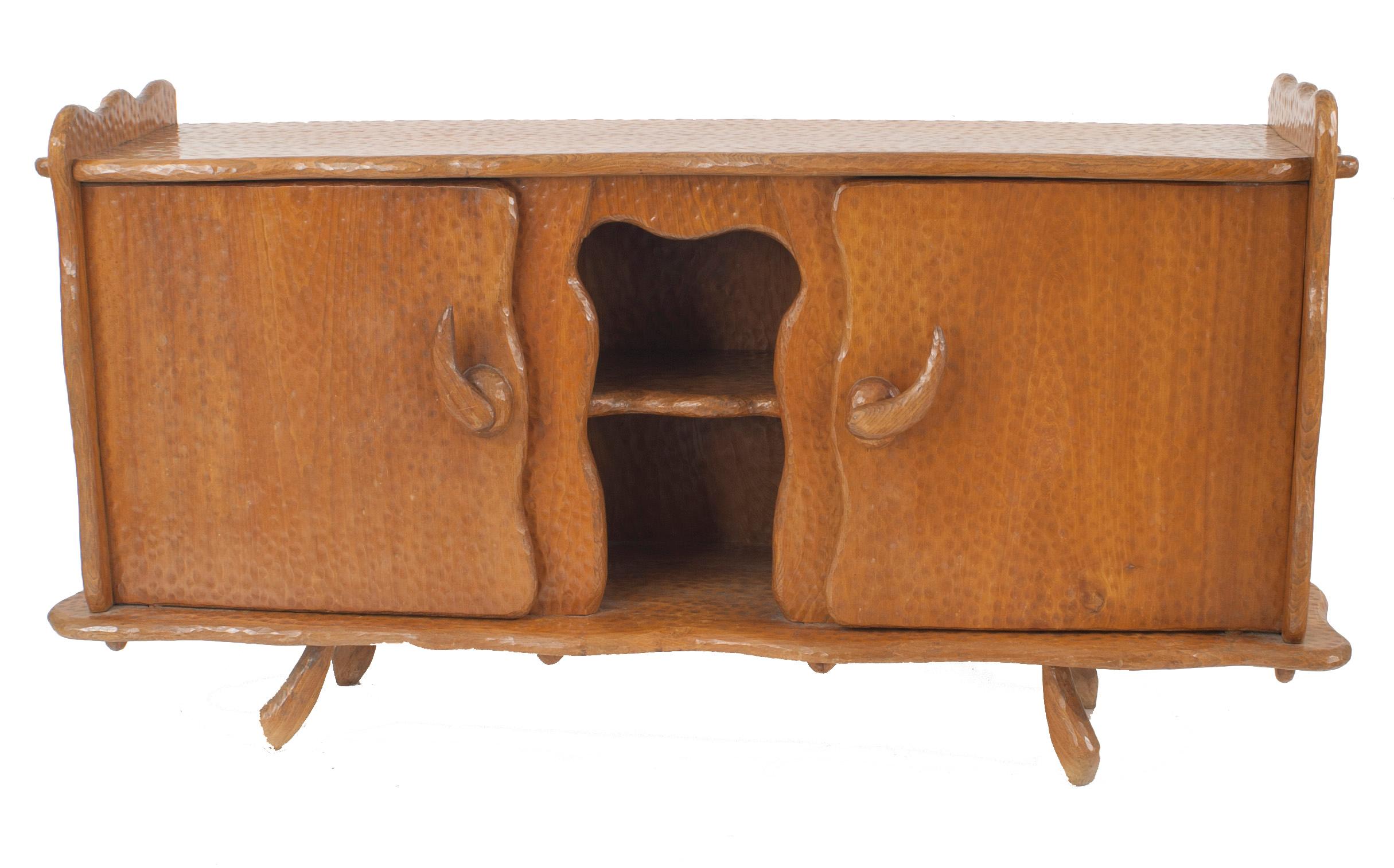 Rustic Adirondack-style (French 1940s) chipped pine sideboard with 2 doors centering an open shelf with side rails on top (Related items: 060976, 060977, 060979)
