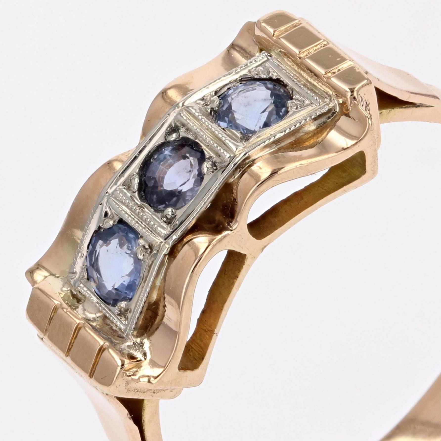 French 1940s Sapphire 18 Karat Rose Gold Knot Tank Ring For Sale 4