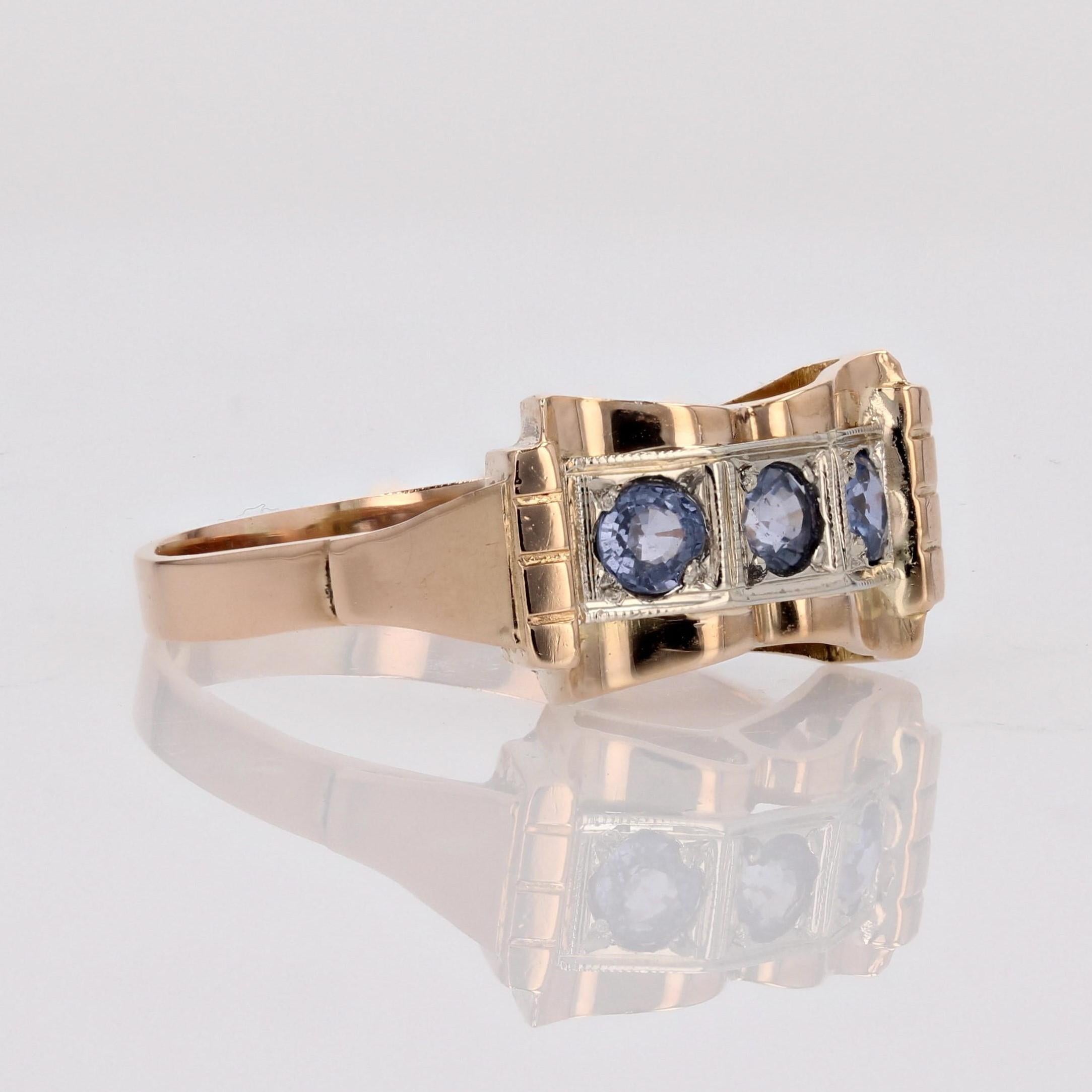 French 1940s Sapphire 18 Karat Rose Gold Knot Tank Ring For Sale 6