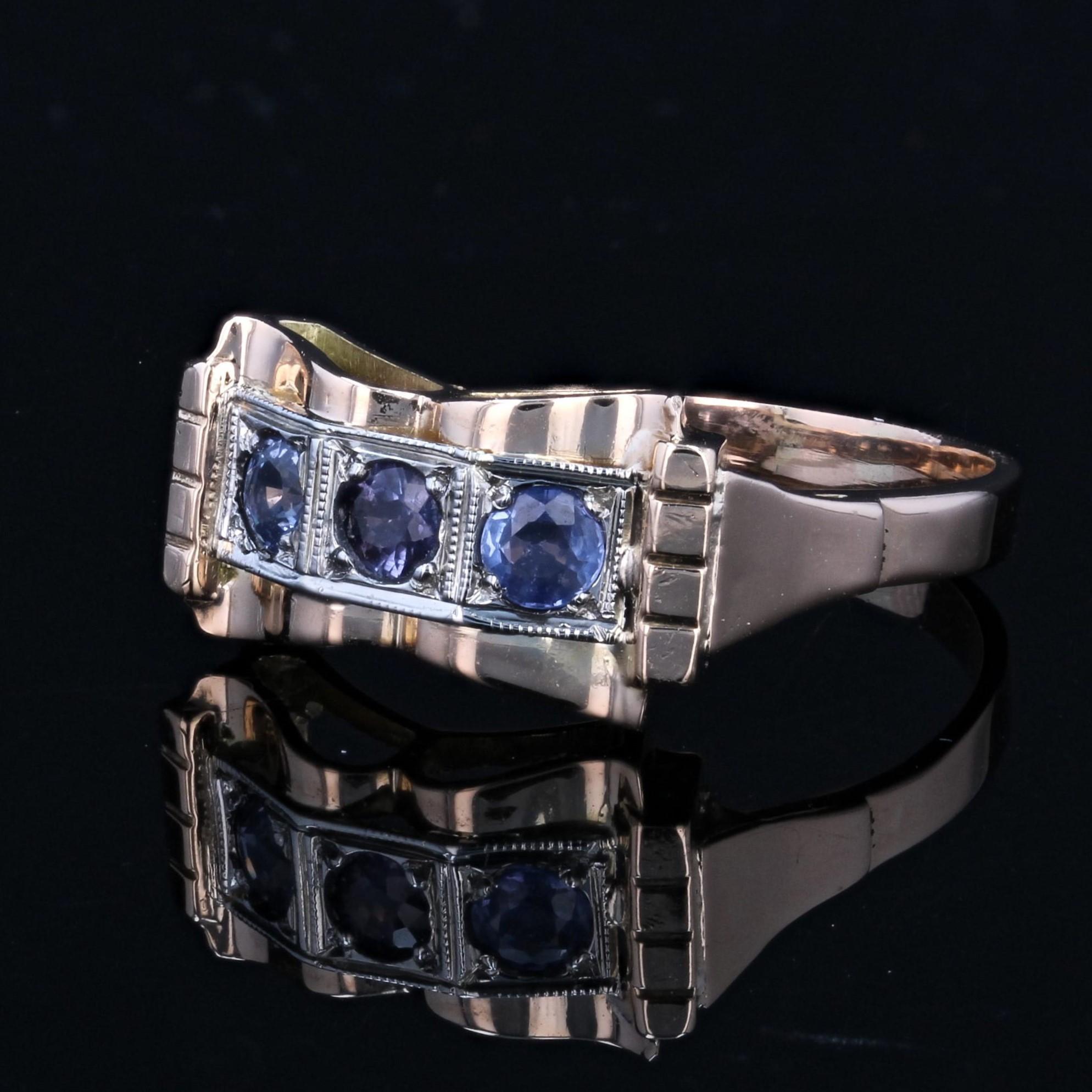 French 1940s Sapphire 18 Karat Rose Gold Knot Tank Ring For Sale 2