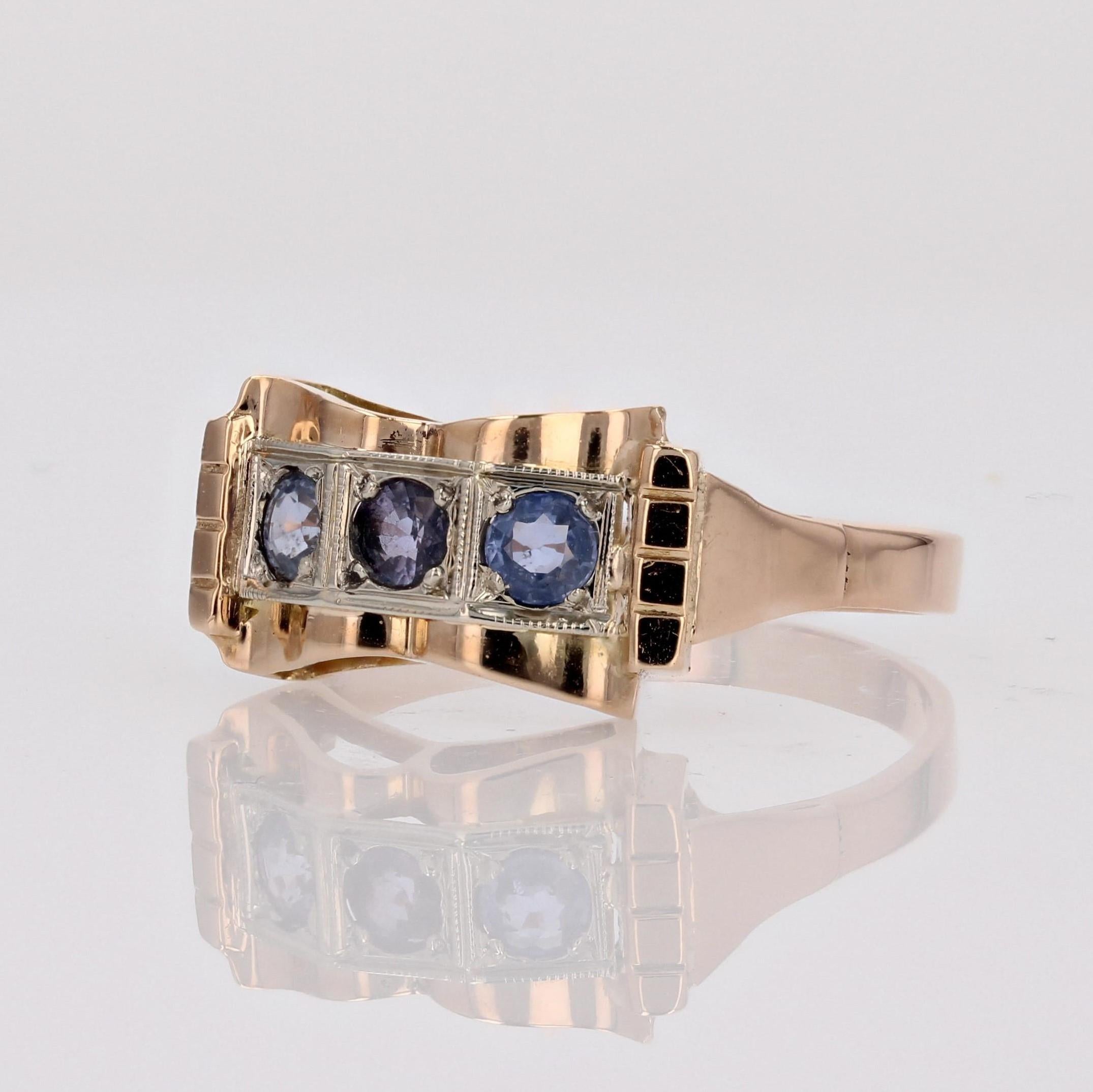 French 1940s Sapphire 18 Karat Rose Gold Knot Tank Ring For Sale 3