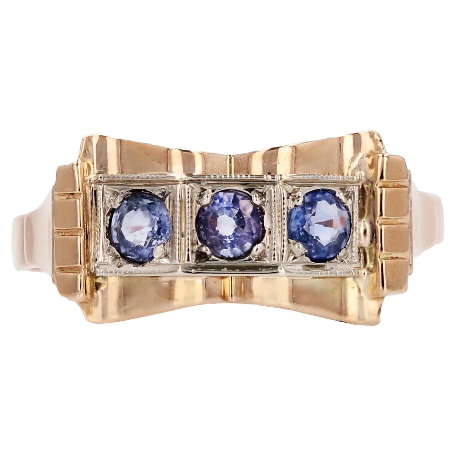 French 1940s Sapphire 18 Karat Rose Gold Knot Tank Ring For Sale