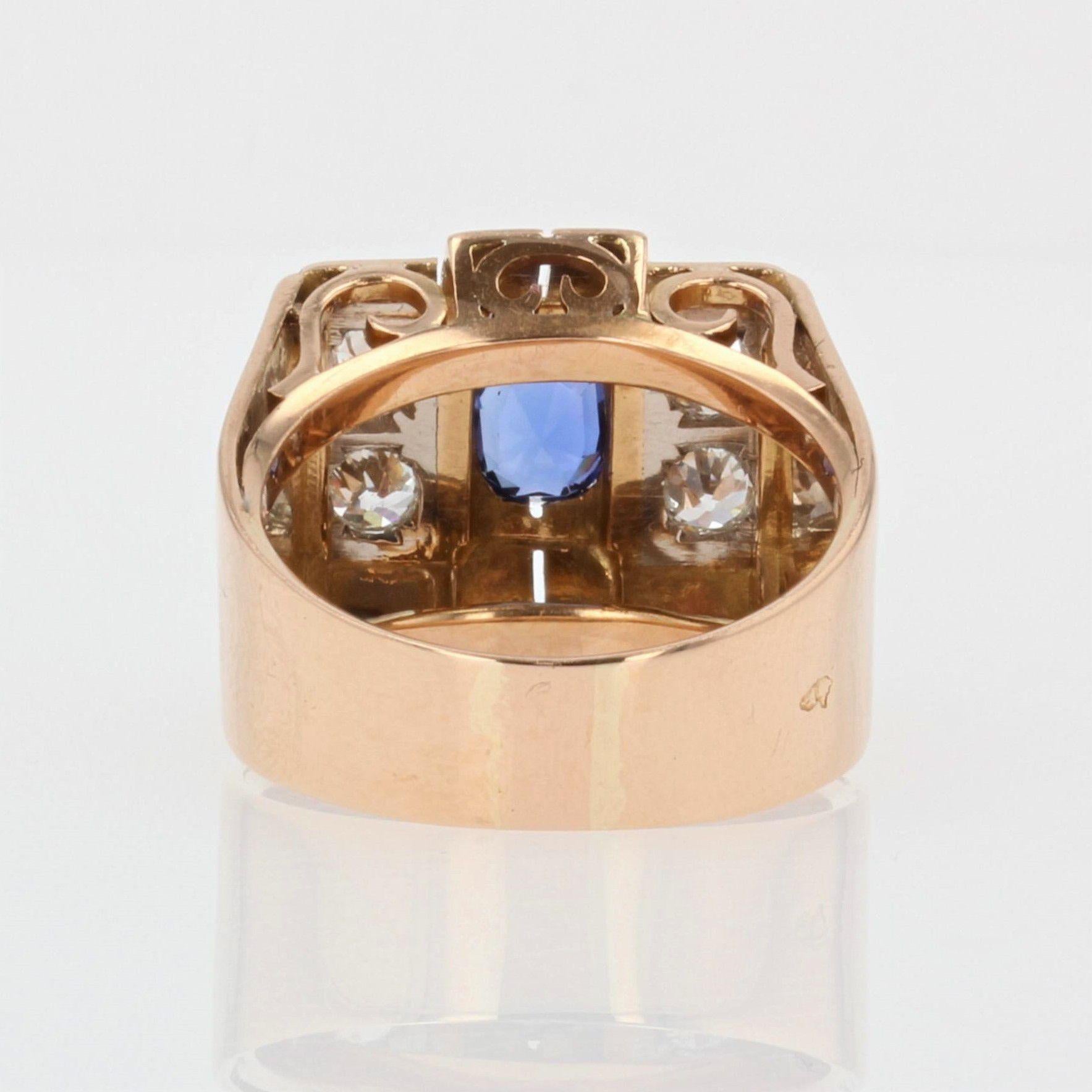 French 1940s Sapphire Diamonds 18 Karat Rose Gold Tank Ring For Sale 2