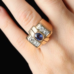 French 1940s Sapphire Diamonds 18 Karat Rose Gold Tank Ring