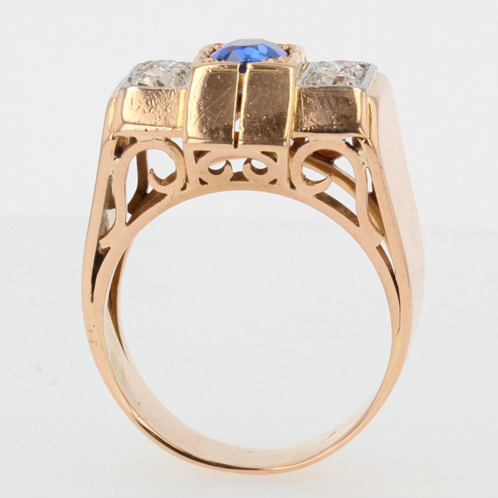 French 1940s Sapphire Diamonds 18 Karat Rose Gold Tank Ring For Sale 4