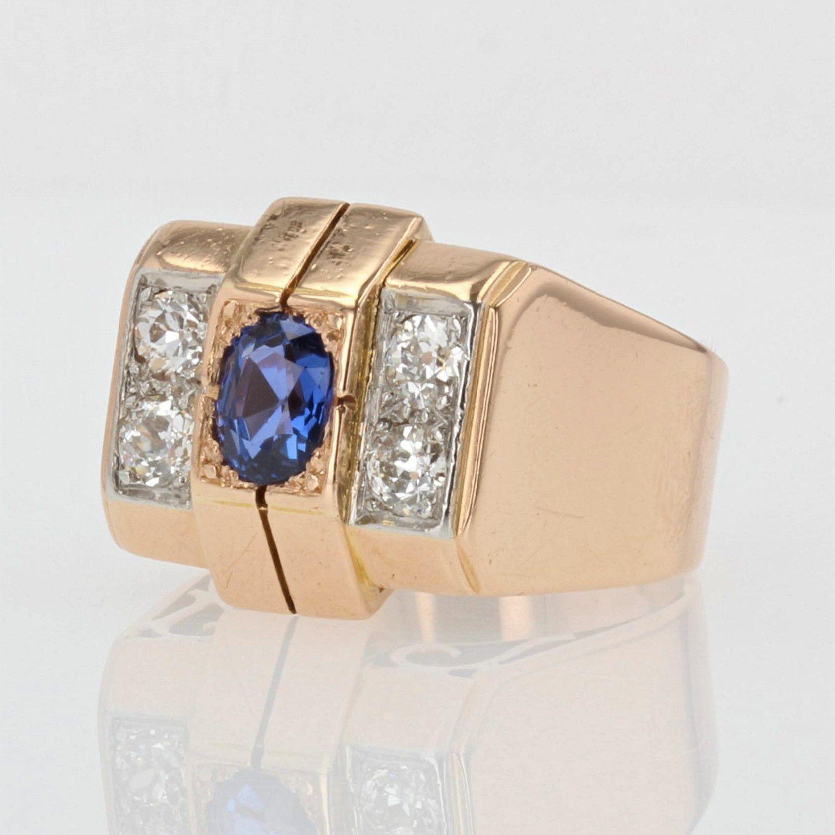 Oval Cut French 1940s Sapphire Diamonds 18 Karat Rose Gold Tank Ring For Sale