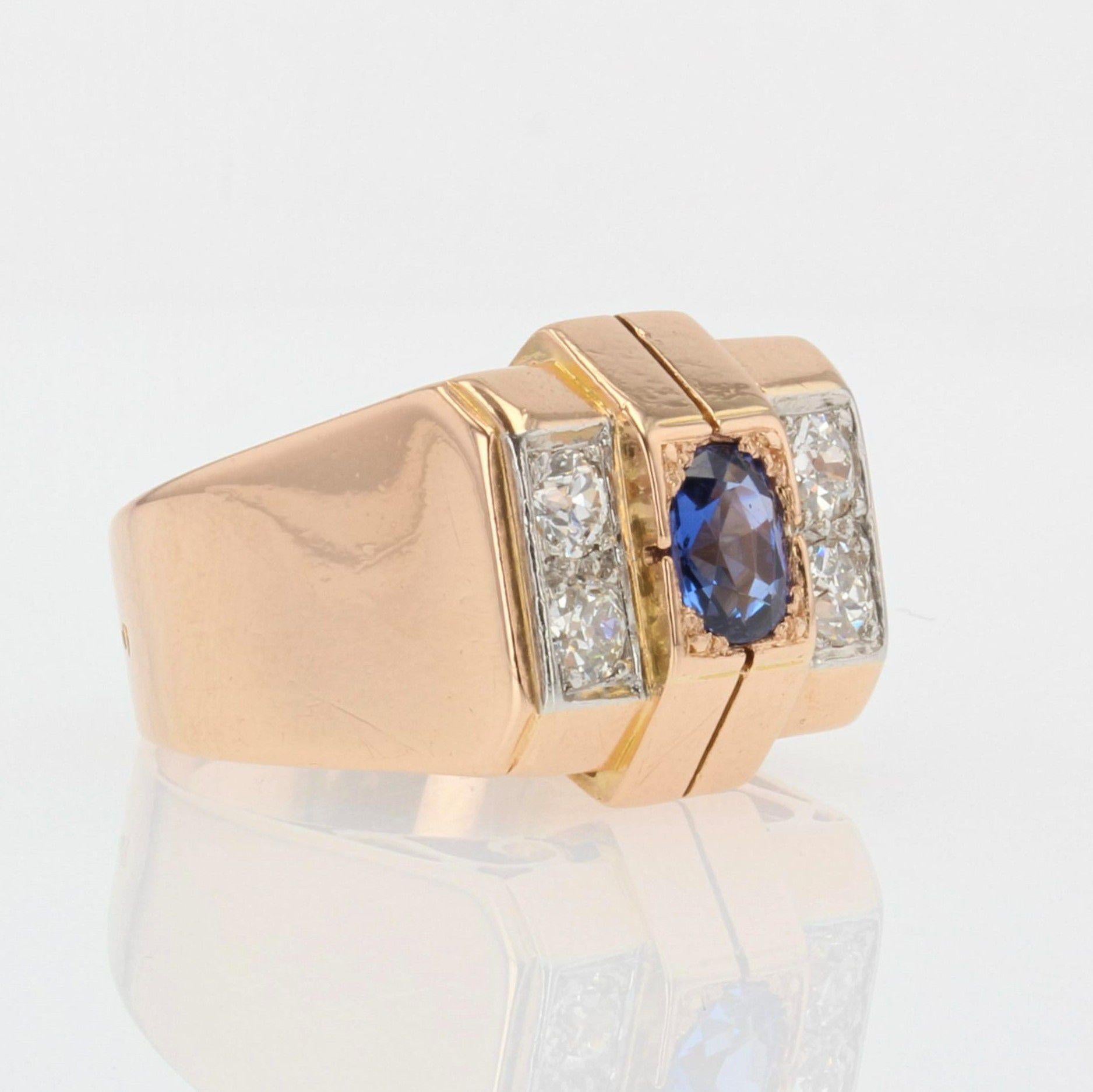 French 1940s Sapphire Diamonds 18 Karat Rose Gold Tank Ring For Sale 1