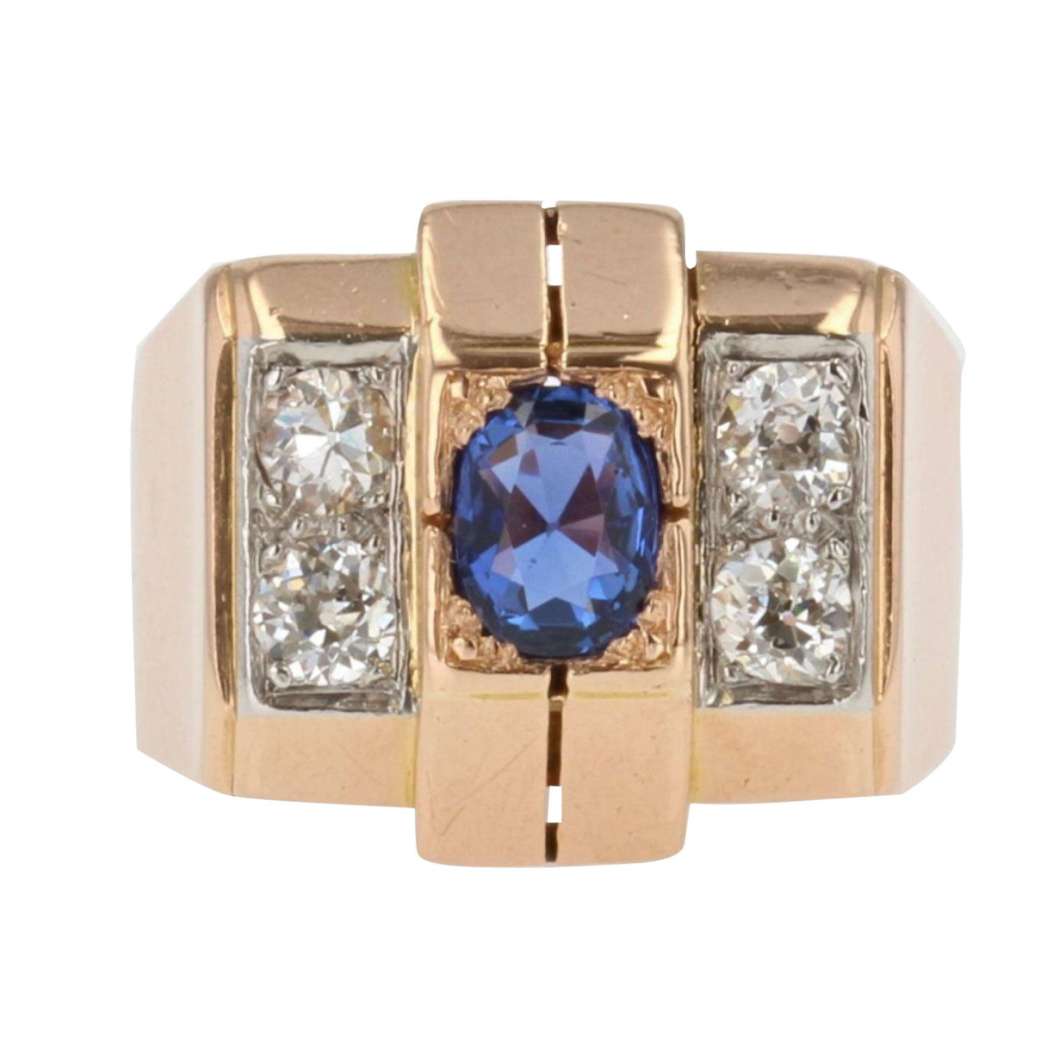French 1940s Sapphire Diamonds 18 Karat Rose Gold Tank Ring