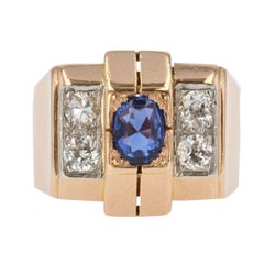 French 1940s Sapphire Diamonds 18 Karat Rose Gold Tank Ring