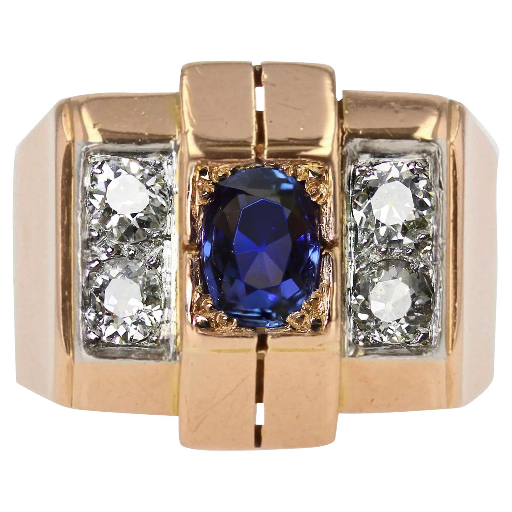 Bague Tank en or rose 18 carats saphir et diamants des annes 1940