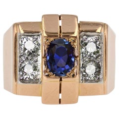 French 1940s Sapphire Diamonds 18 Karat Rose Gold Tank Ring