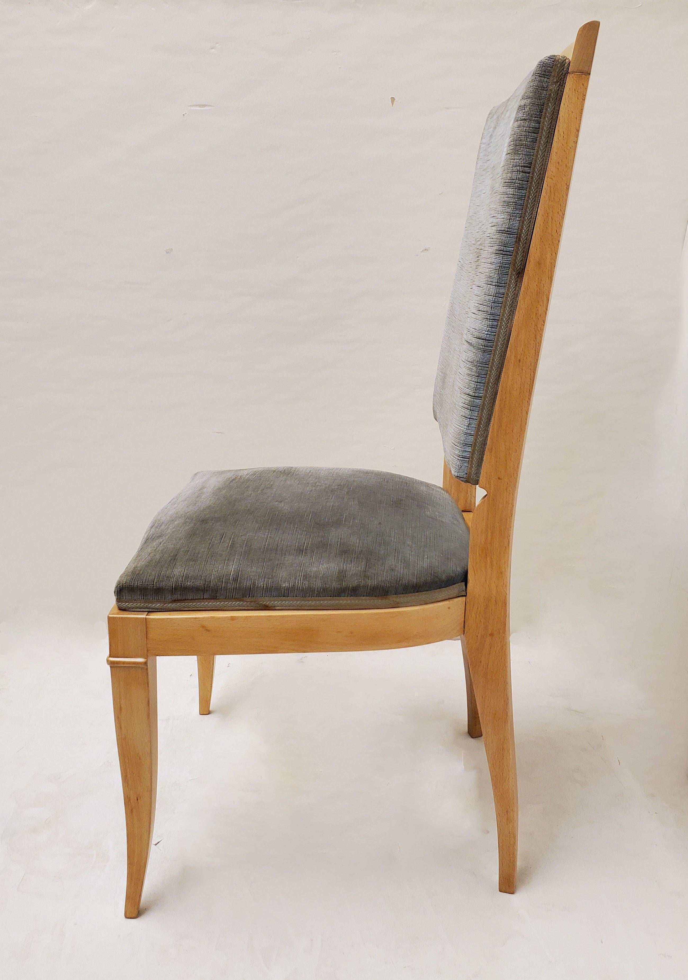Mid-20th Century French 1940's Set of Eight Tall Back Dining Chairs in Beech, Attrib to Leleu