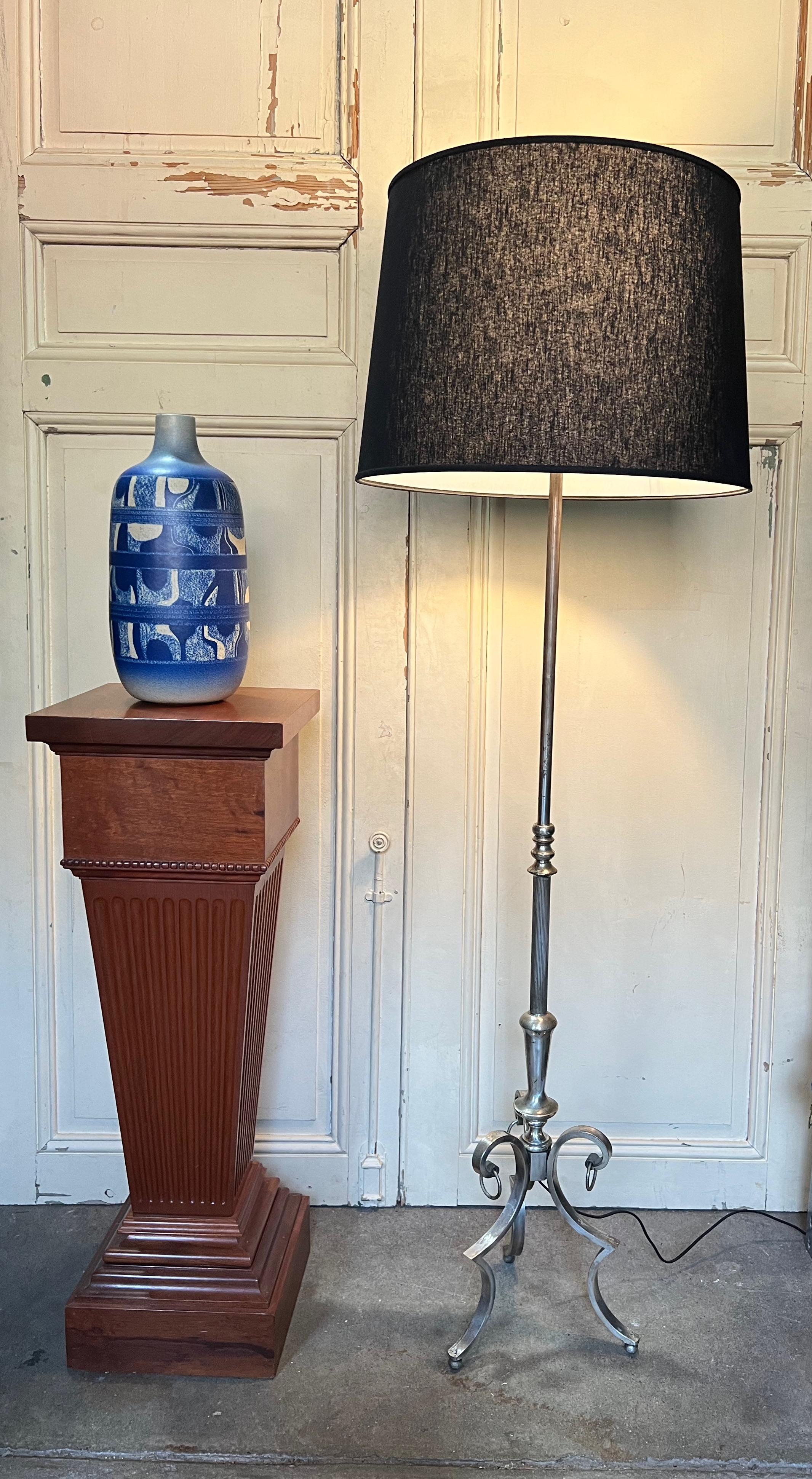 Art Deco French 1940's Silvered Floor Lamp on a Scrolled Tripod Base For Sale