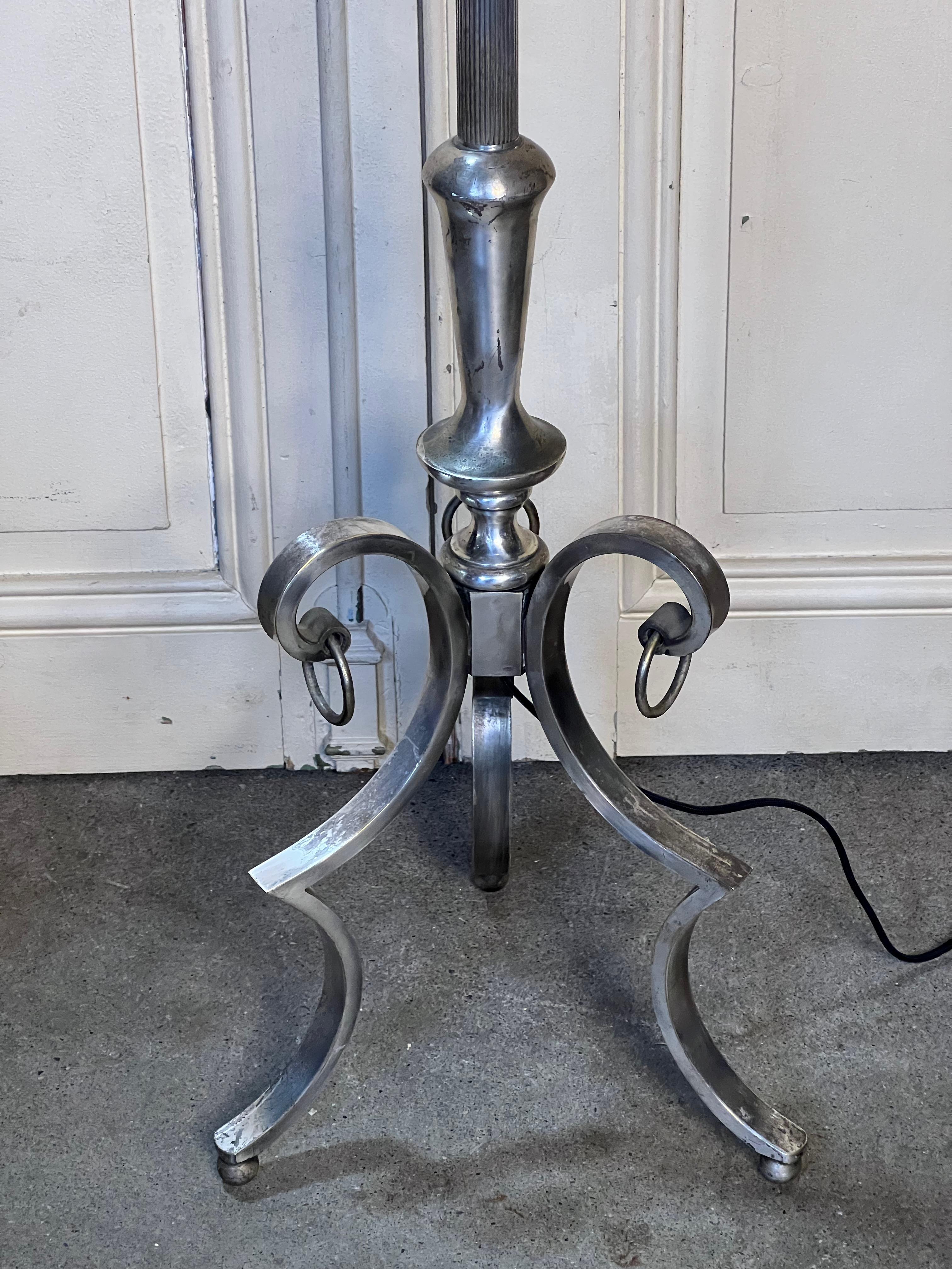 Mid-20th Century French 1940's Silvered Floor Lamp on a Scrolled Tripod Base For Sale