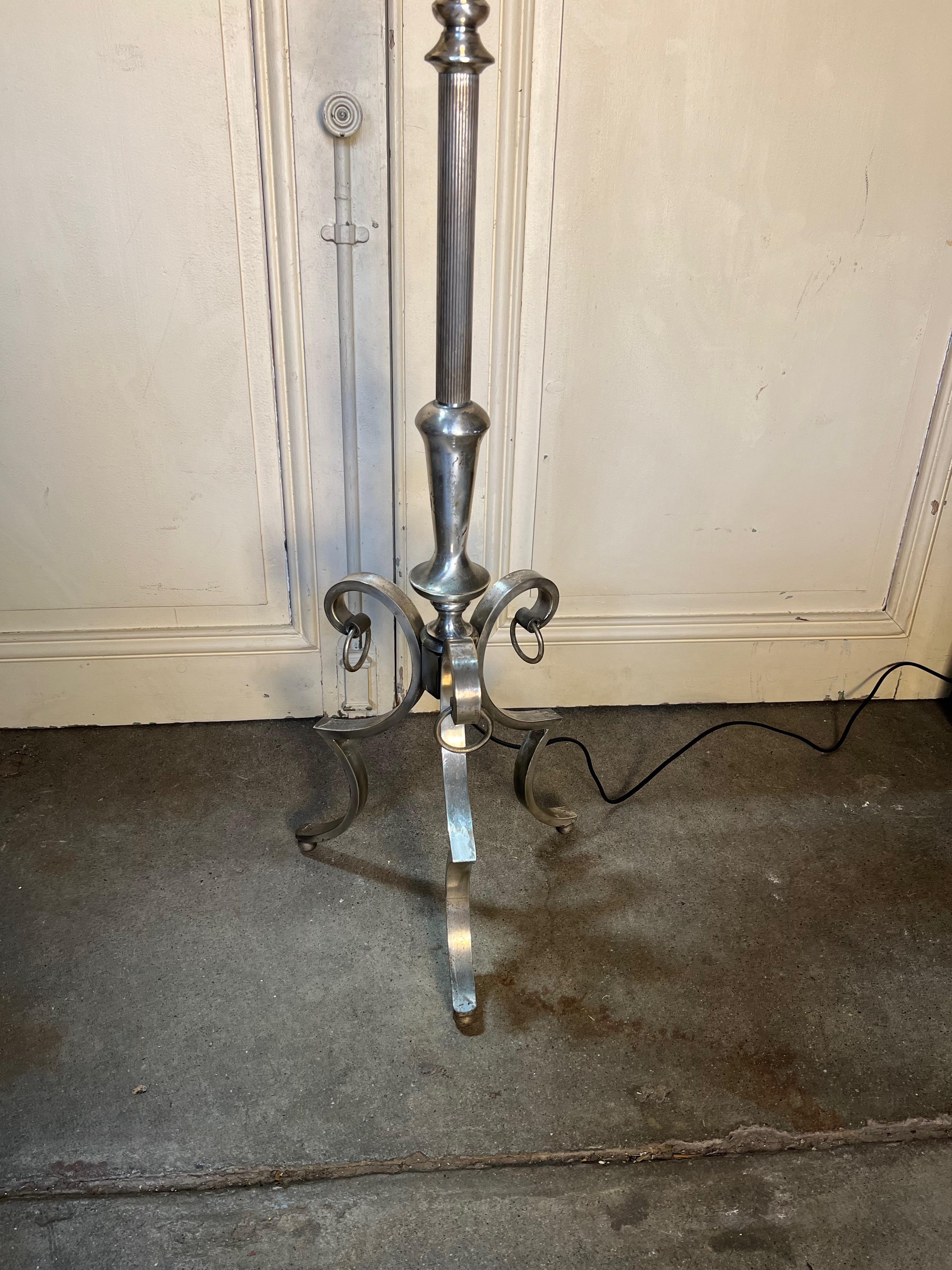 French 1940's Silvered Floor Lamp on a Scrolled Tripod Base For Sale 1