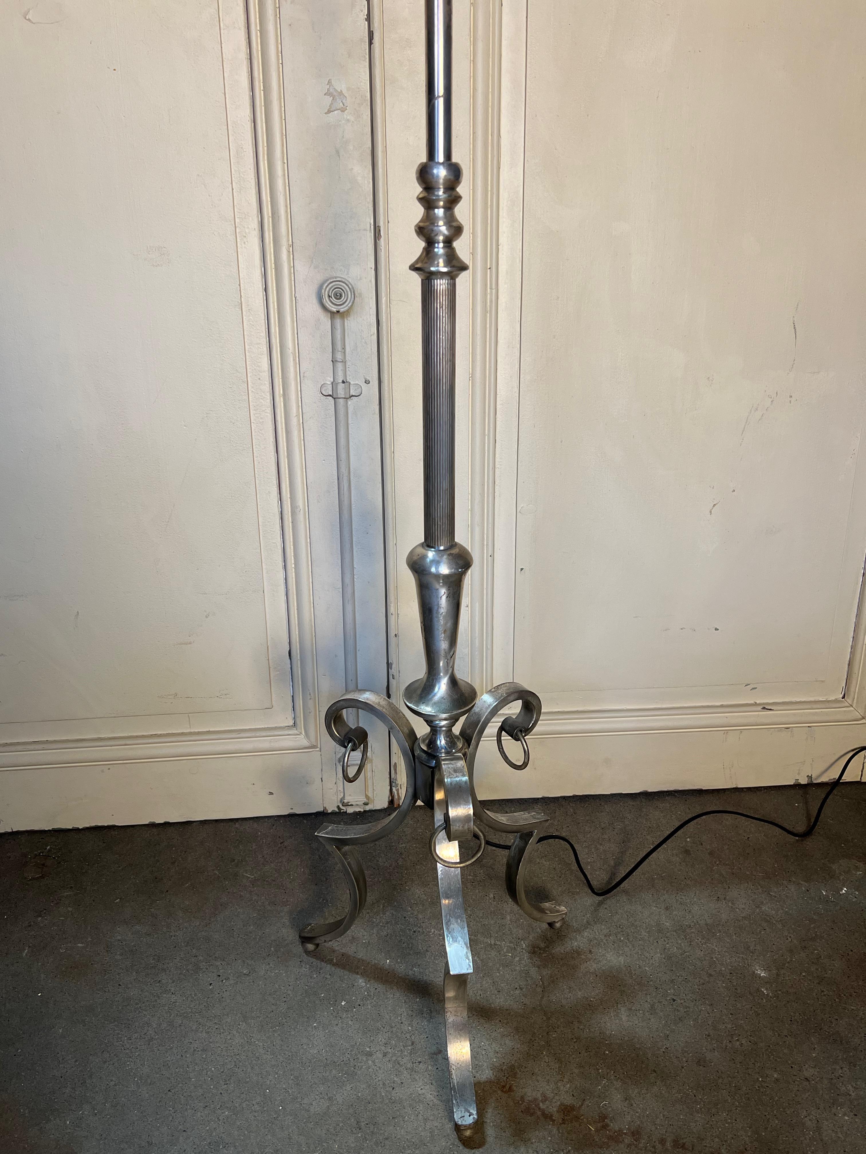 French 1940's Silvered Floor Lamp on a Scrolled Tripod Base For Sale 2