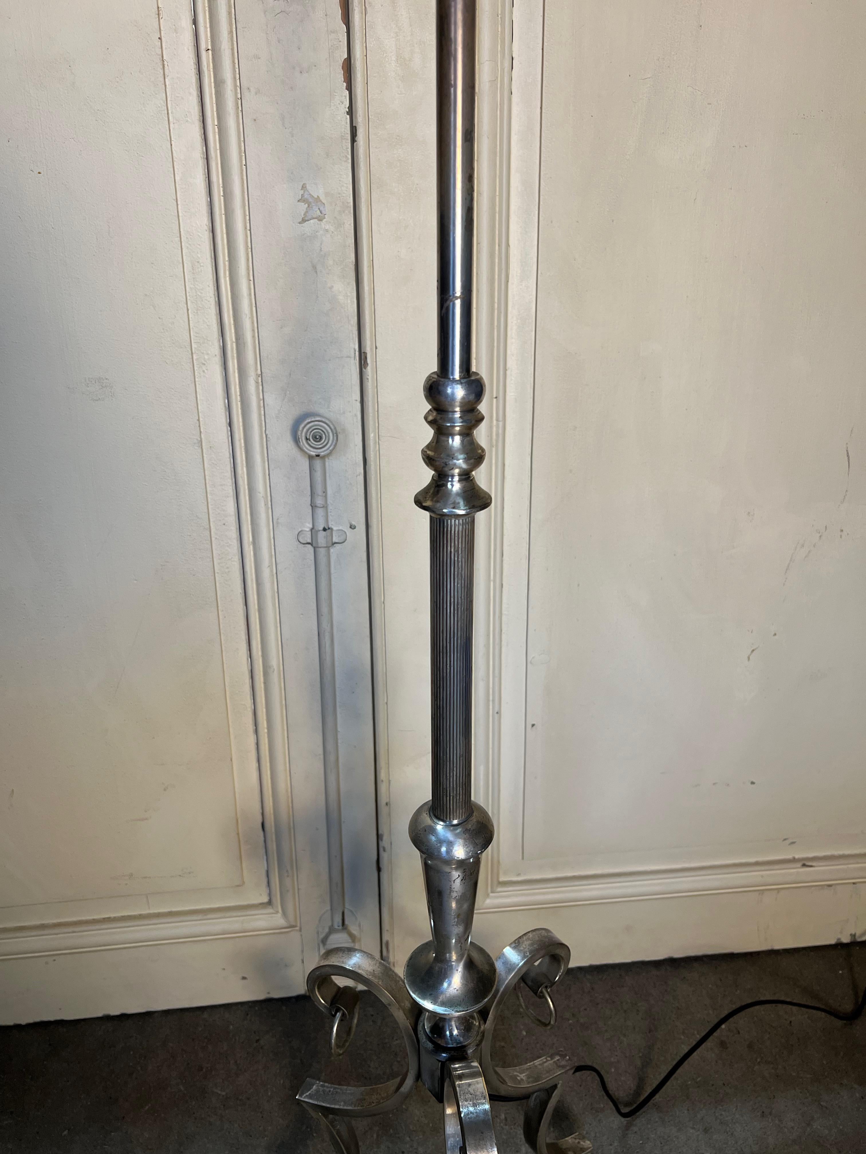 French 1940's Silvered Floor Lamp on a Scrolled Tripod Base For Sale 3