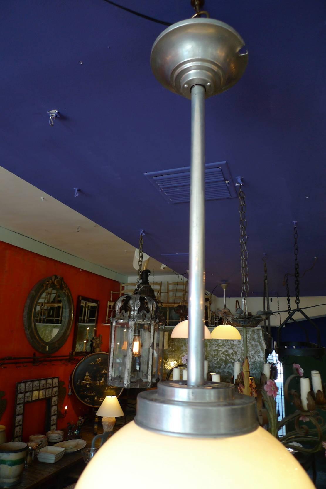 Metal French 1940s Single Light Pendant with Milk Glass Shade