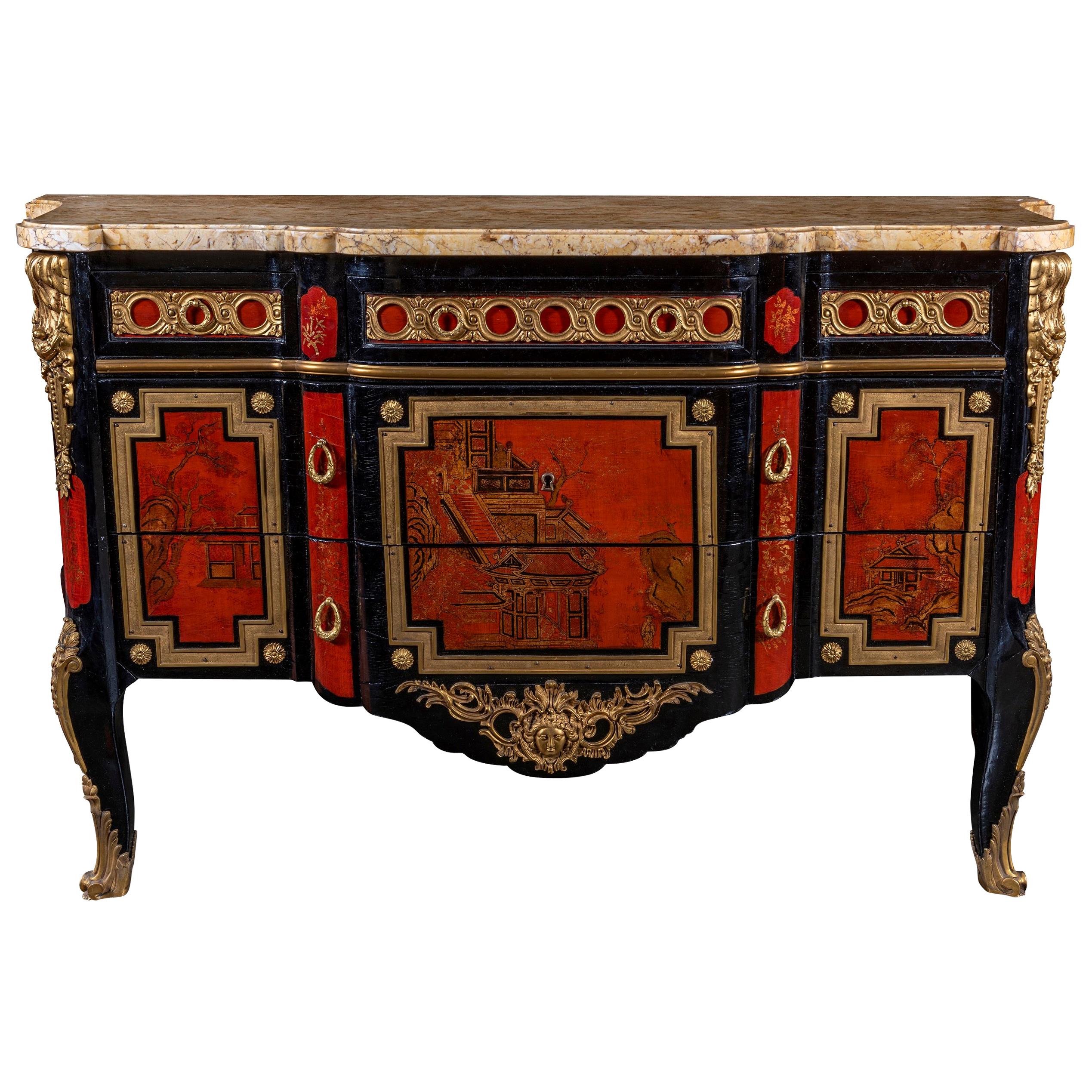 A French 1940s Transitional Style Red & Black Chinoiserie Commode  For Sale