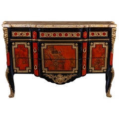 Vintage A French 1940s Transitional Style Red & Black Chinoiserie Commode 