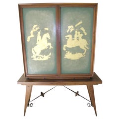 French 1940s Two-Door Carved Green Glass Bar Cabinet