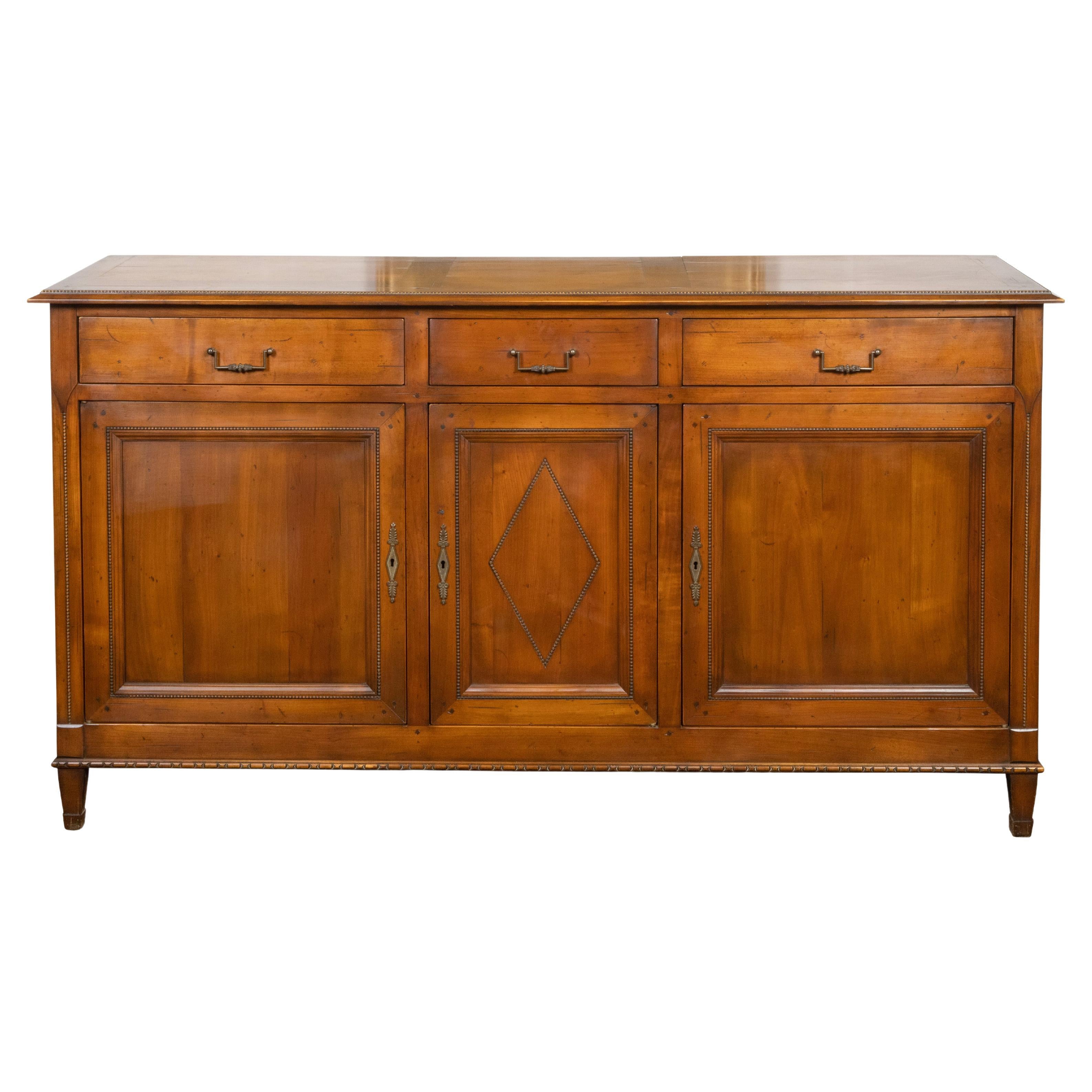 French 1940s Walnut Enfilade with Drawers, Doors, Carved Beads and Diamond Motif For Sale